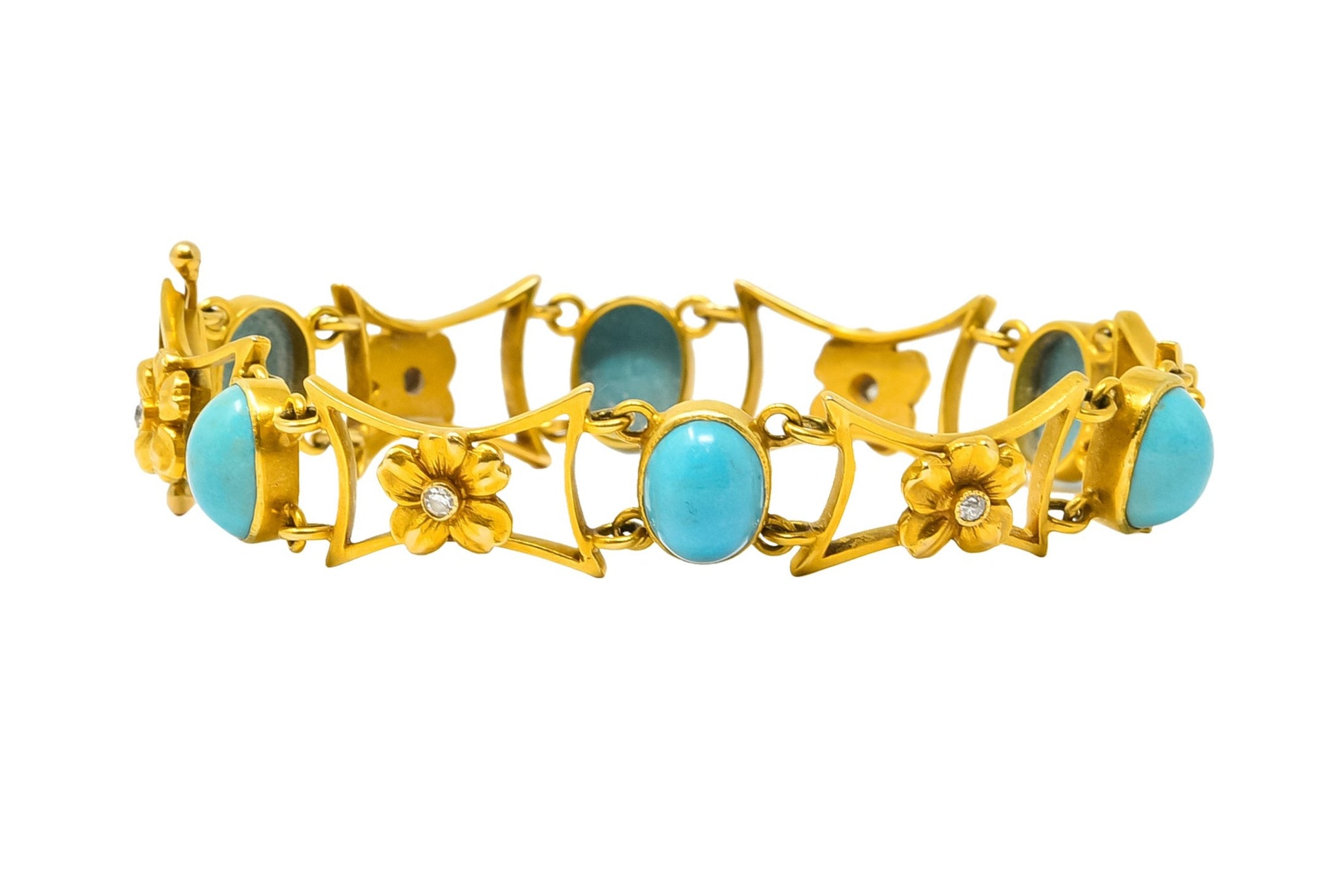 1905 Victorian Turquoise Diamond 14 Karat Yellow Gold Floral Link Bracelet - Wilson's Estate Jewelry