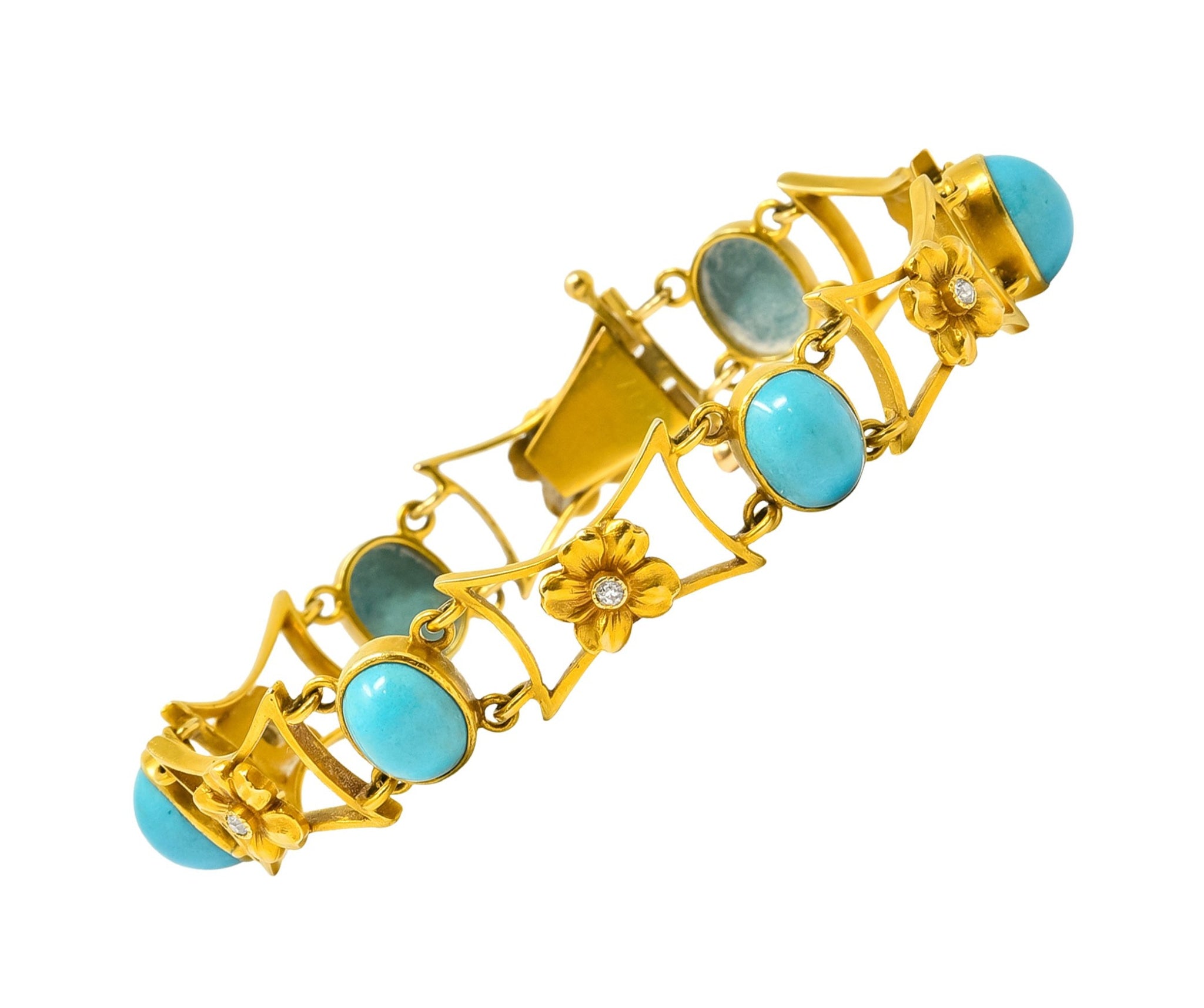1905 Victorian Turquoise Diamond 14 Karat Yellow Gold Floral Link Bracelet - Wilson's Estate Jewelry