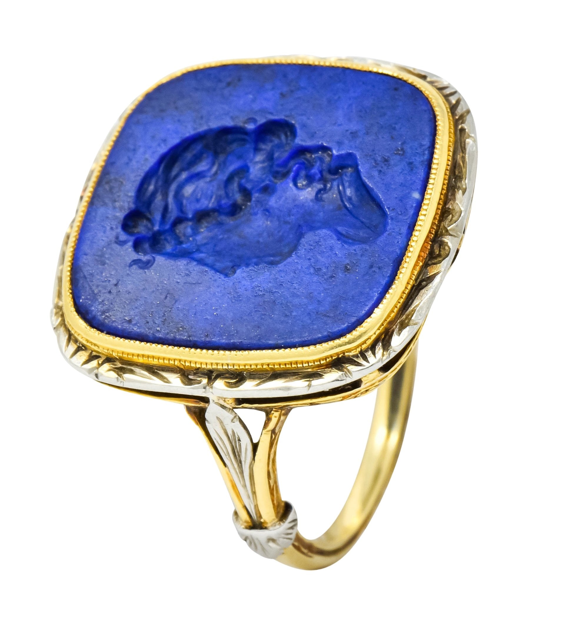 1910 Edwardian Lapis Intaglio Platinum-Topped 14 Karat Gold Signet Ring - Wilson's Estate Jewelry