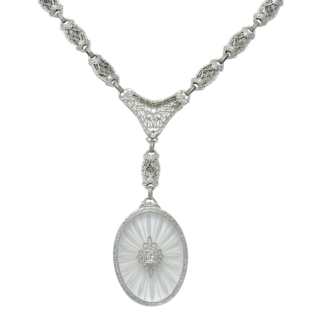 1920s Art Deco Camphor Glass Diamond 14 Karat White Gold Drop Necklace - Wilson's Estate Jewelry
