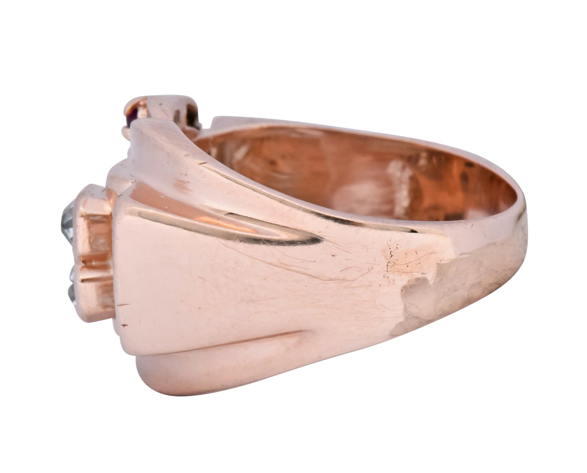 1940's Retro 1.20 CTW Diamond Ruby 14 Karat Rose Gold Buckle Ring - Wilson's Estate Jewelry