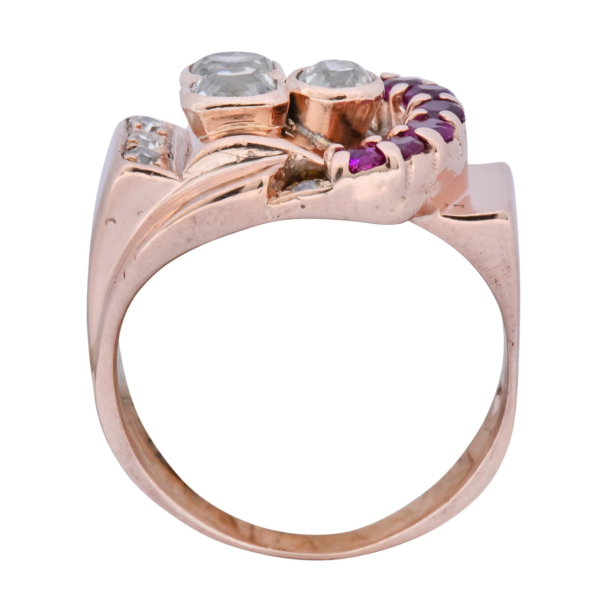 1940's Retro 1.20 CTW Diamond Ruby 14 Karat Rose Gold Buckle Ring - Wilson's Estate Jewelry