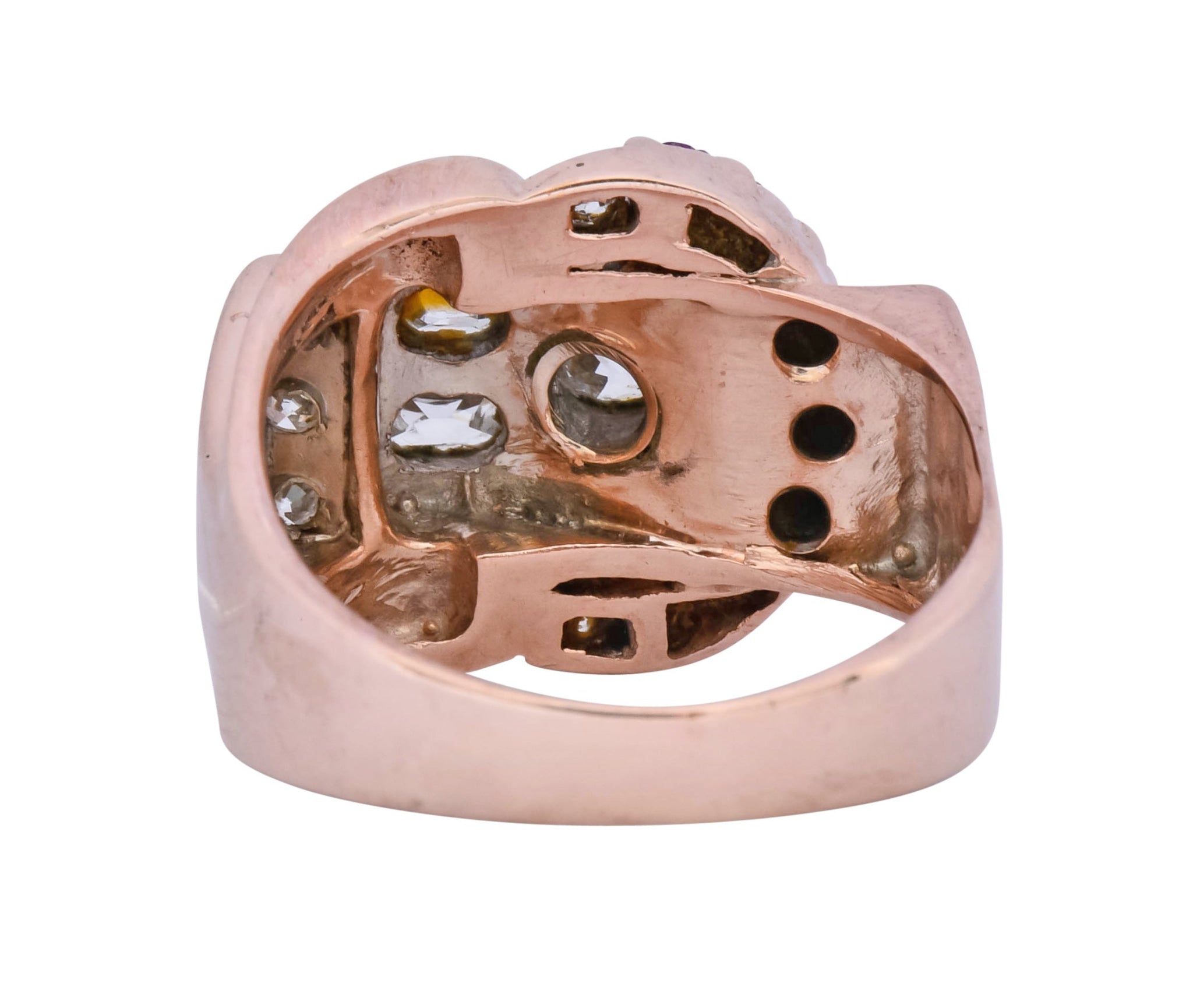 1940's Retro 1.20 CTW Diamond Ruby 14 Karat Rose Gold Buckle Ring - Wilson's Estate Jewelry