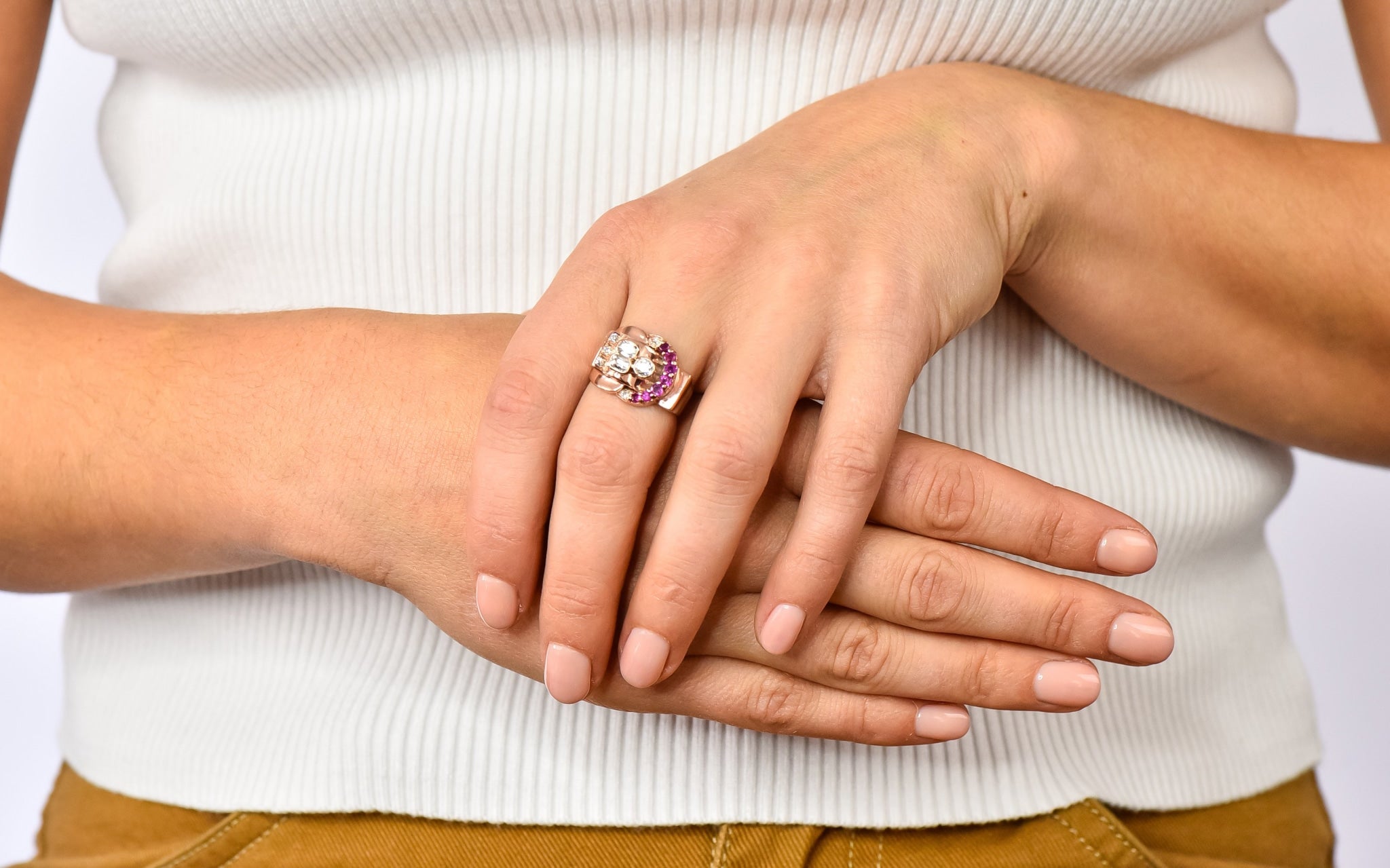 1940's Retro 1.20 CTW Diamond Ruby 14 Karat Rose Gold Buckle Ring - Wilson's Estate Jewelry