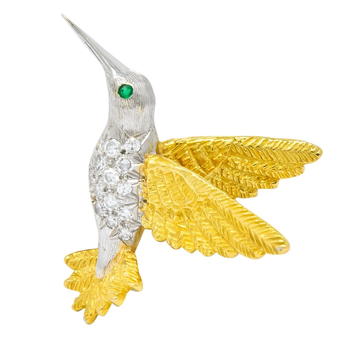 1970's Vintage Diamond Emerald 18 Karat Two-Tone Gold Hummingbird Brooch - Wilson's Estate Jewelry