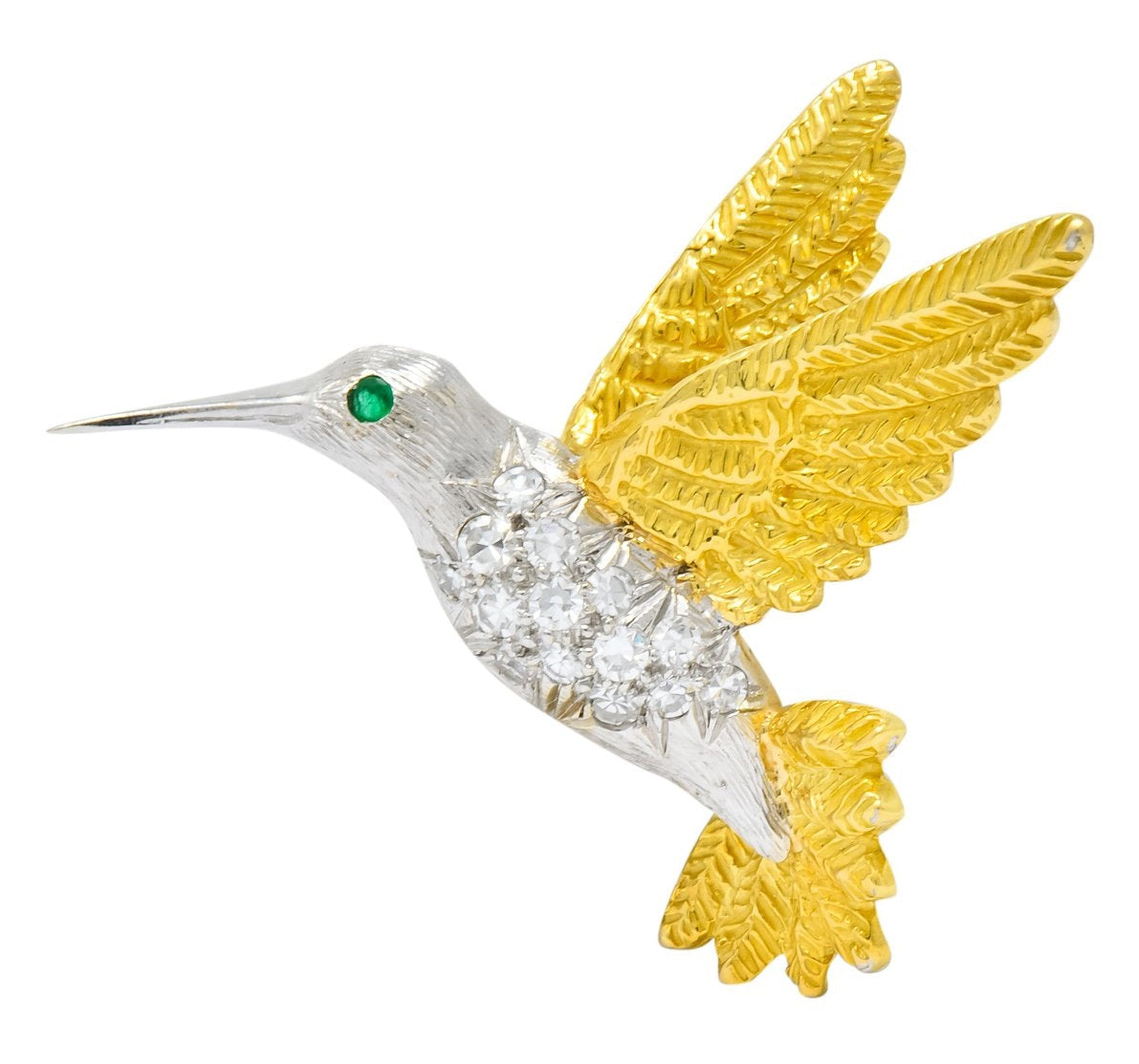 1970's Vintage Diamond Emerald 18 Karat Two-Tone Gold Hummingbird Brooch - Wilson's Estate Jewelry