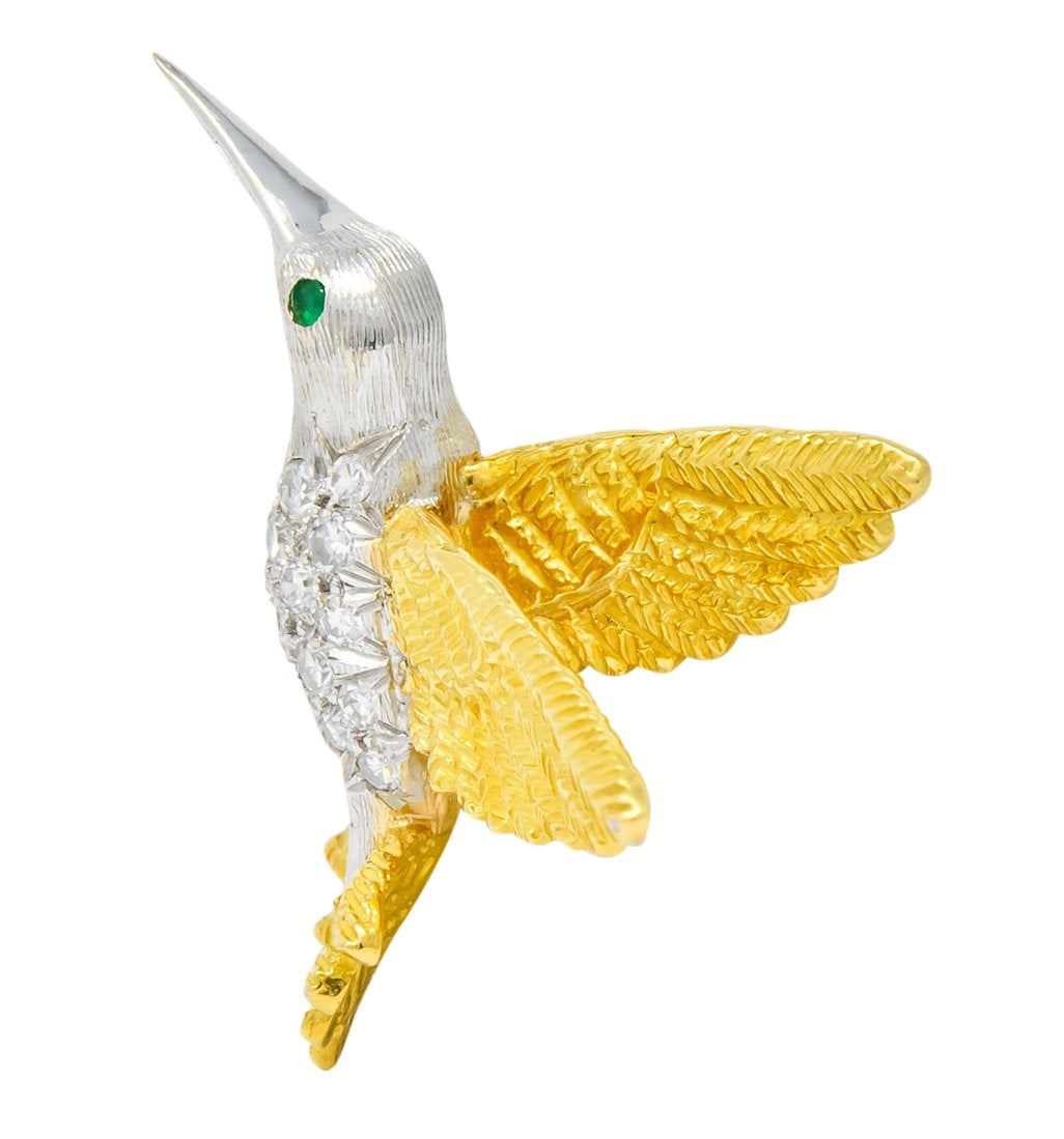 1970's Vintage Diamond Emerald 18 Karat Two-Tone Gold Hummingbird Brooch - Wilson's Estate Jewelry