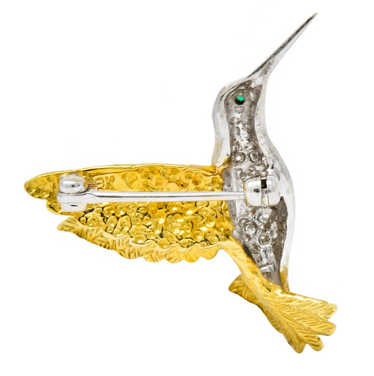 1970's Vintage Diamond Emerald 18 Karat Two-Tone Gold Hummingbird Brooch - Wilson's Estate Jewelry