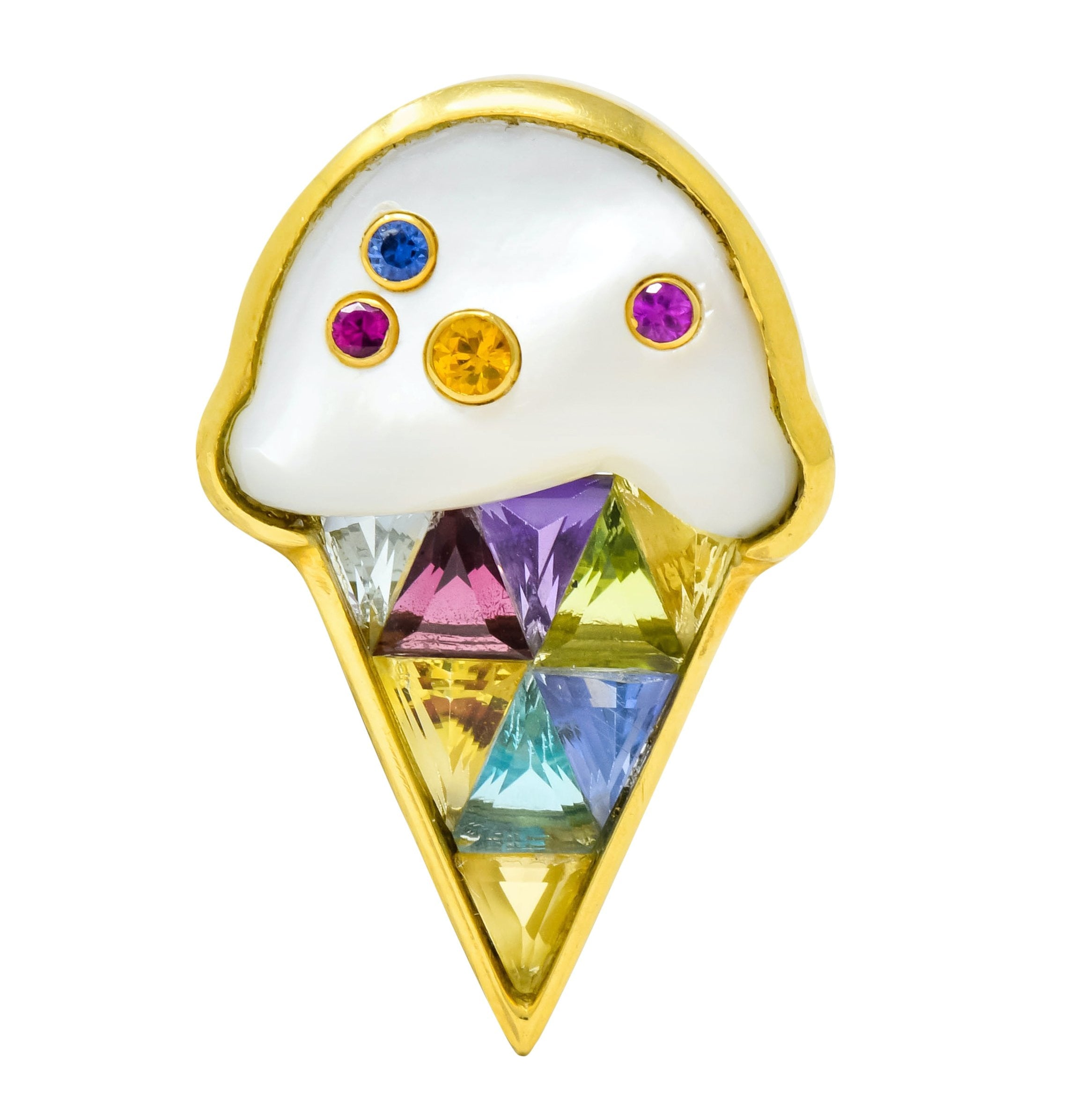 1980s Vintage 18 Karat Gold Invisible Set Multi-Gem Ice Cream Cone Brooch - Wilson's Estate Jewelry