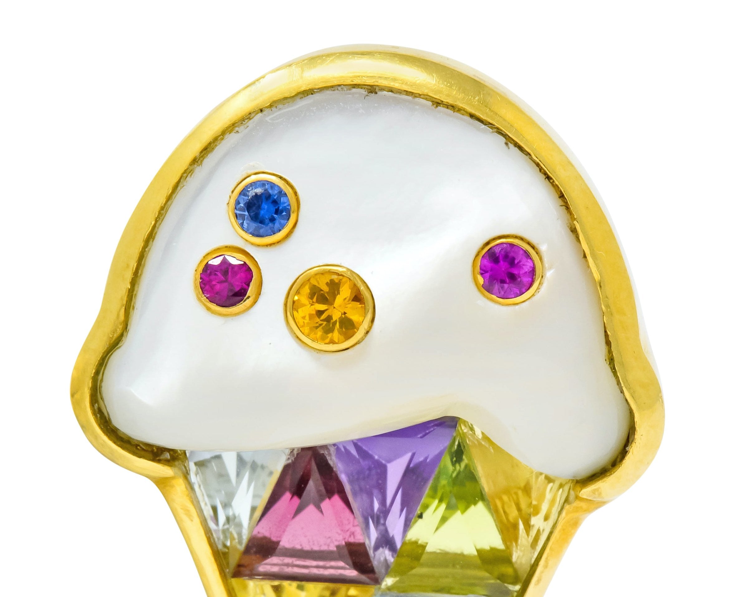 1980s Vintage 18 Karat Gold Invisible Set Multi-Gem Ice Cream Cone Brooch - Wilson's Estate Jewelry