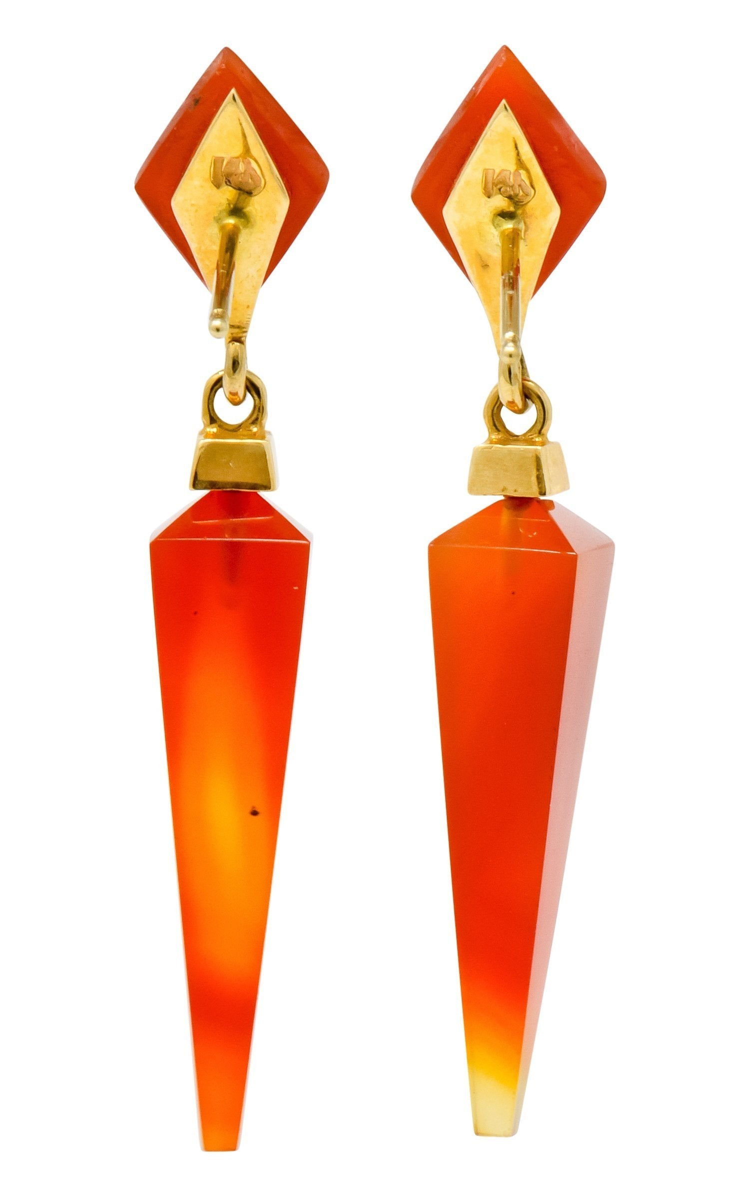 1980's Vintage Carnelian 14 Karat Gold Pyramidal Drop Earrings - Wilson's Estate Jewelry