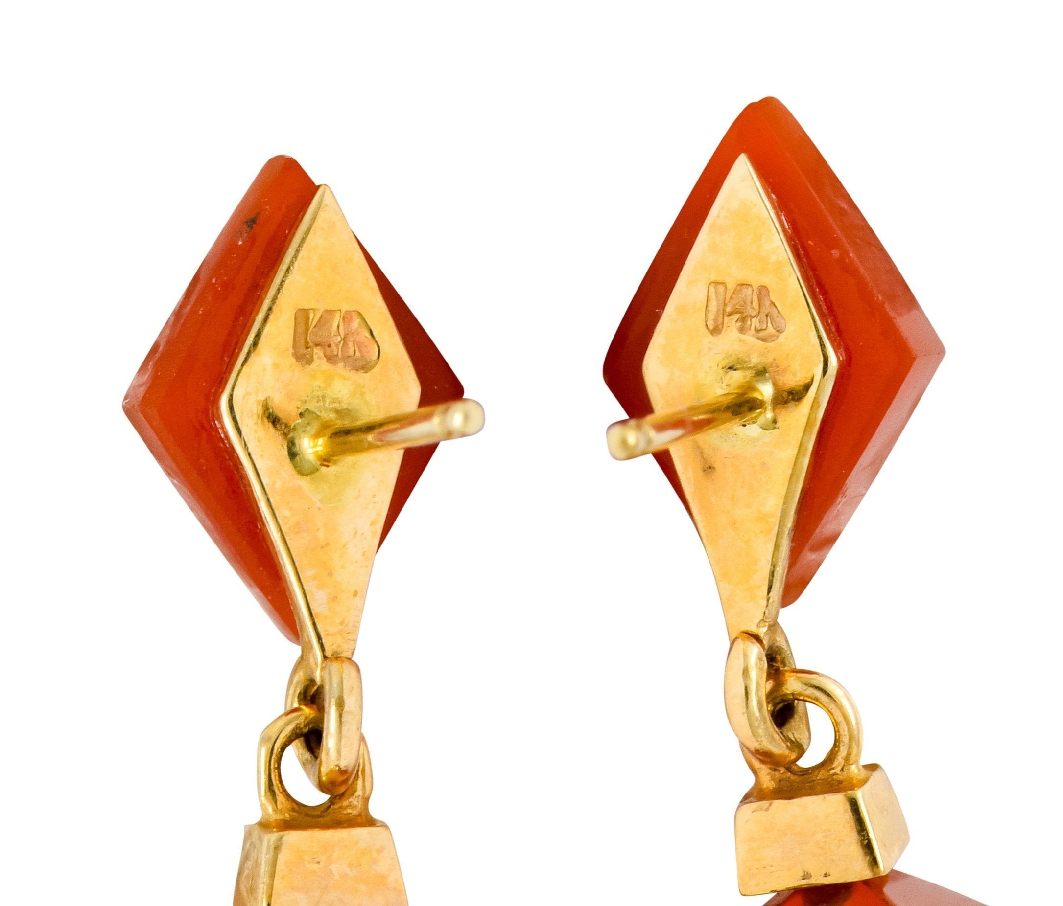 1980's Vintage Carnelian 14 Karat Gold Pyramidal Drop Earrings - Wilson's Estate Jewelry