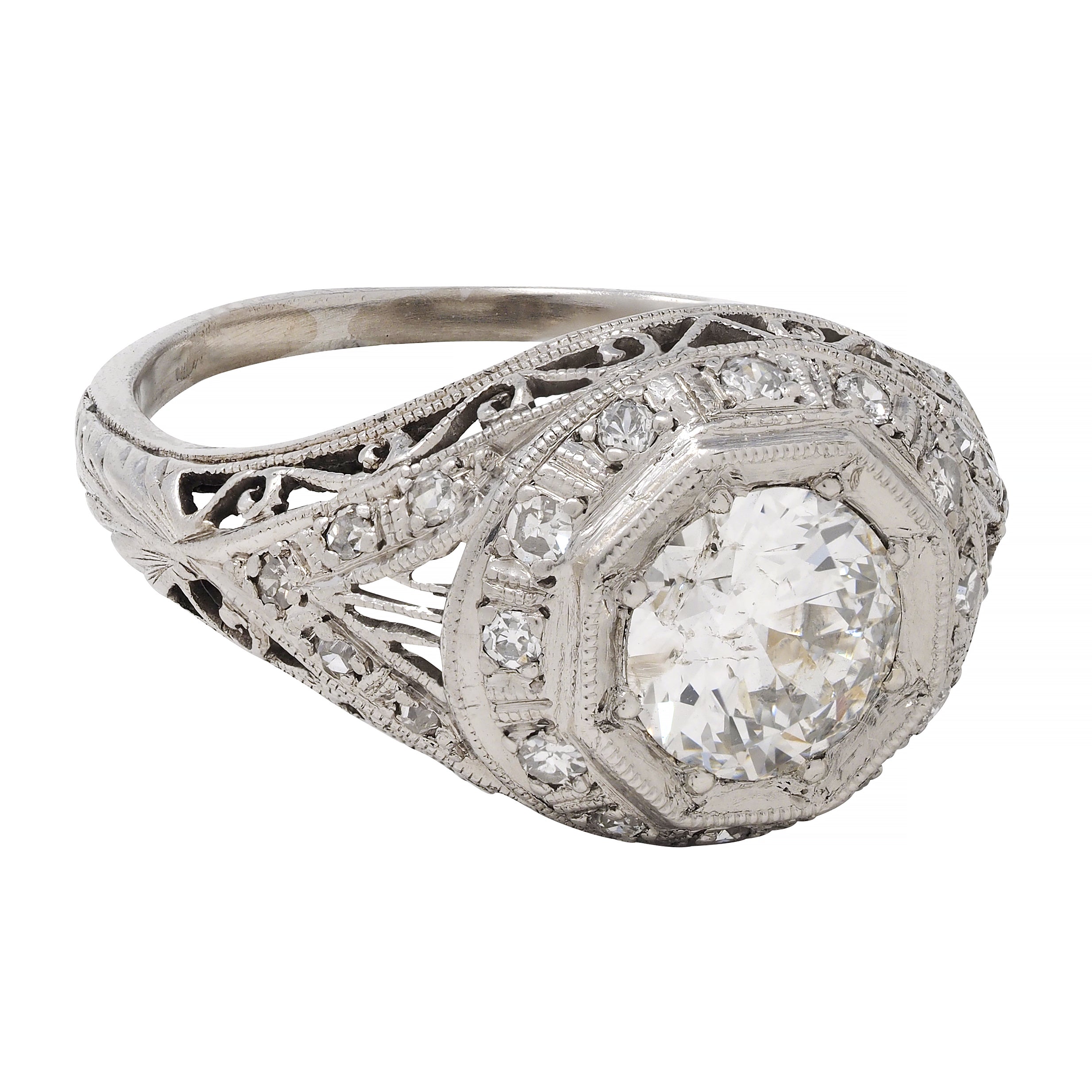Art Deco 1.30 CTW Diamond Platinum Octagonal Bombay Vintage Engagement Ring