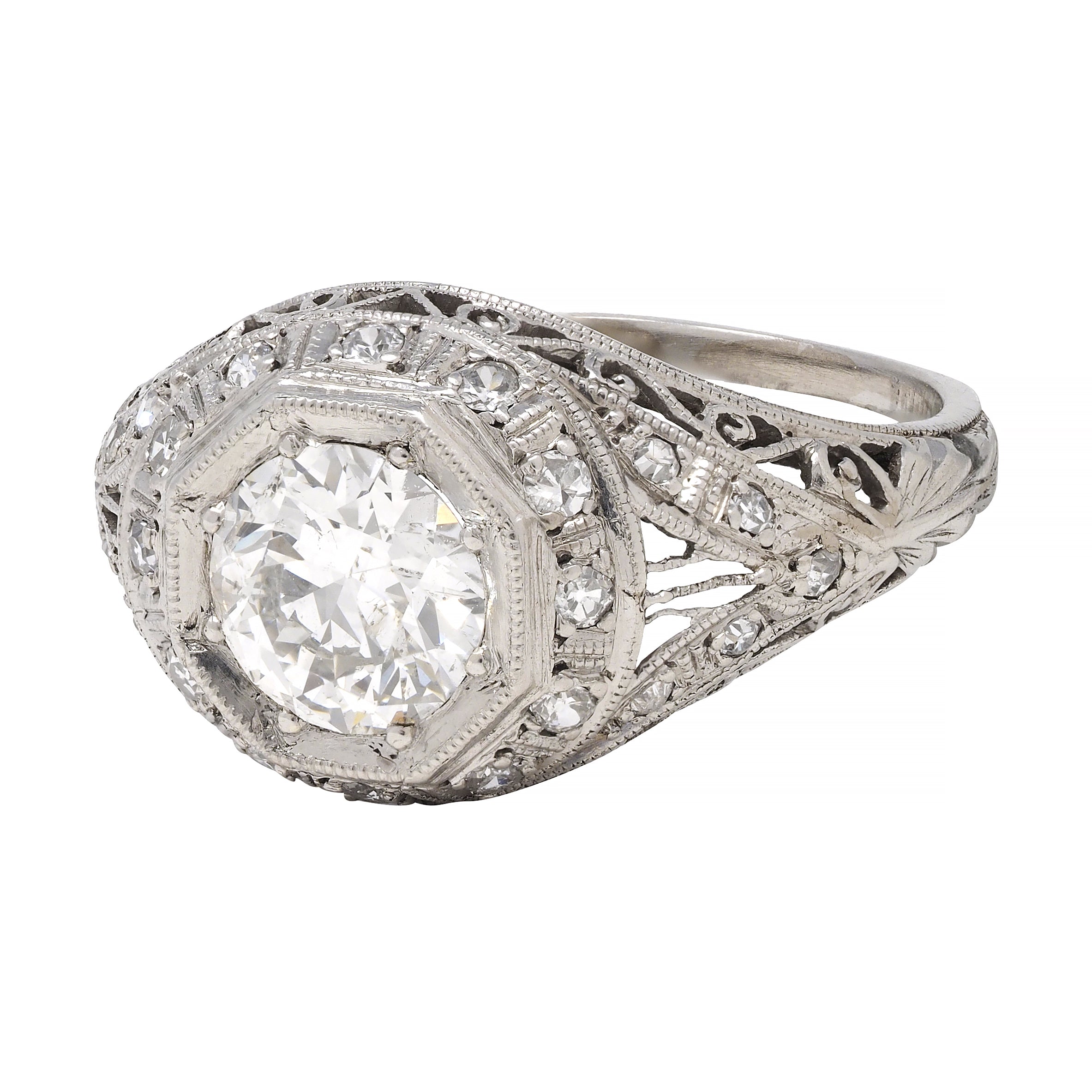Art Deco 1.30 CTW Diamond Platinum Octagonal Bombay Vintage Engagement Ring