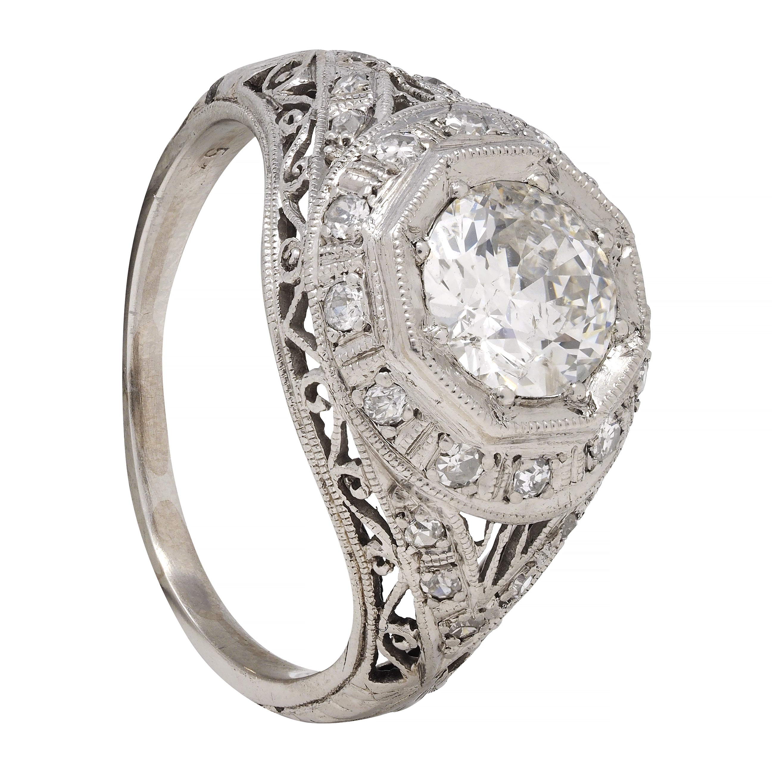 Art Deco 1.30 CTW Diamond Platinum Octagonal Bombay Vintage Engagement Ring