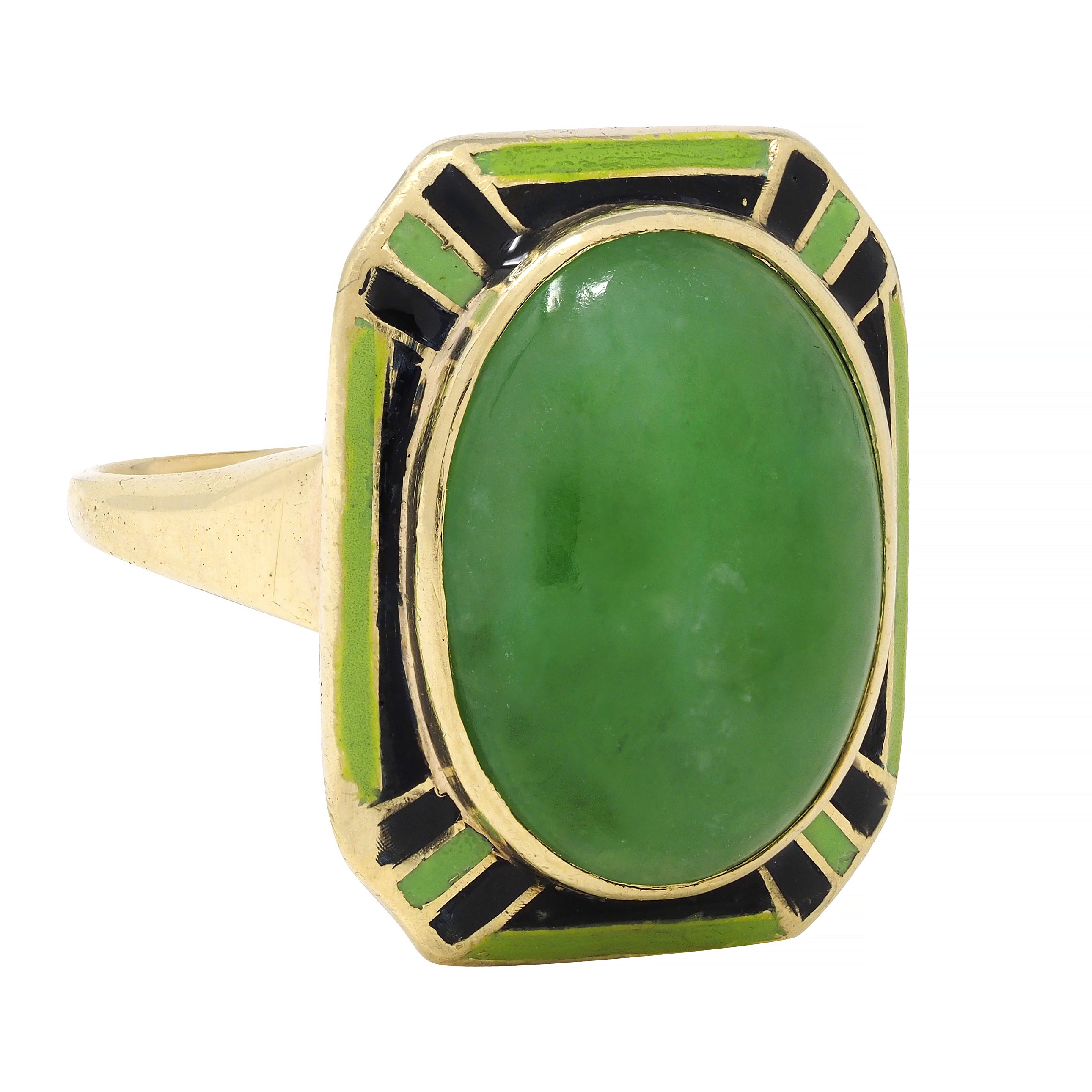 Art Deco Jade Cabochon Enamel 14 Karat Yellow Gold Dinner Ring