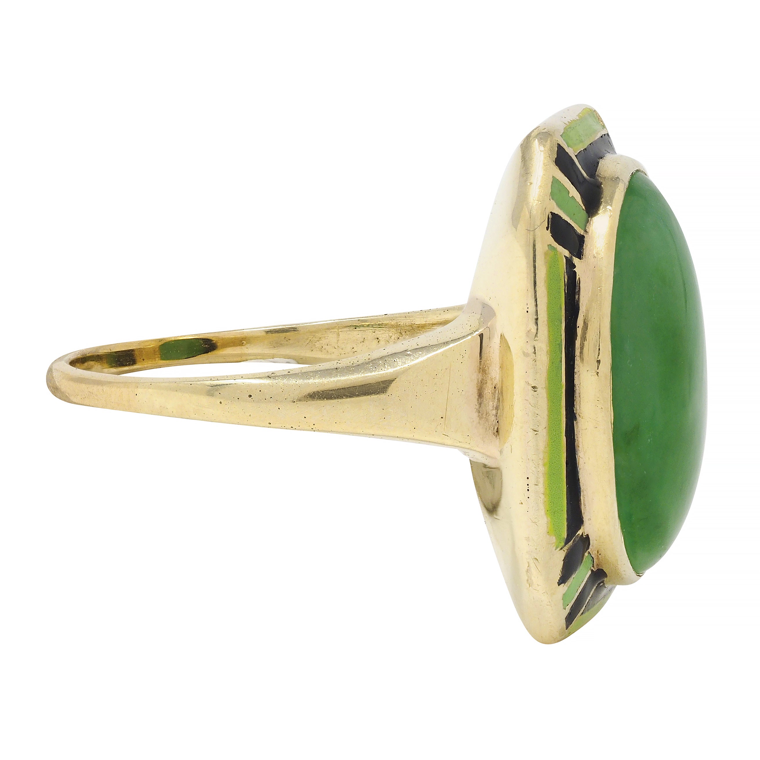 Art Deco Jade Cabochon Enamel 14 Karat Yellow Gold Dinner Ring