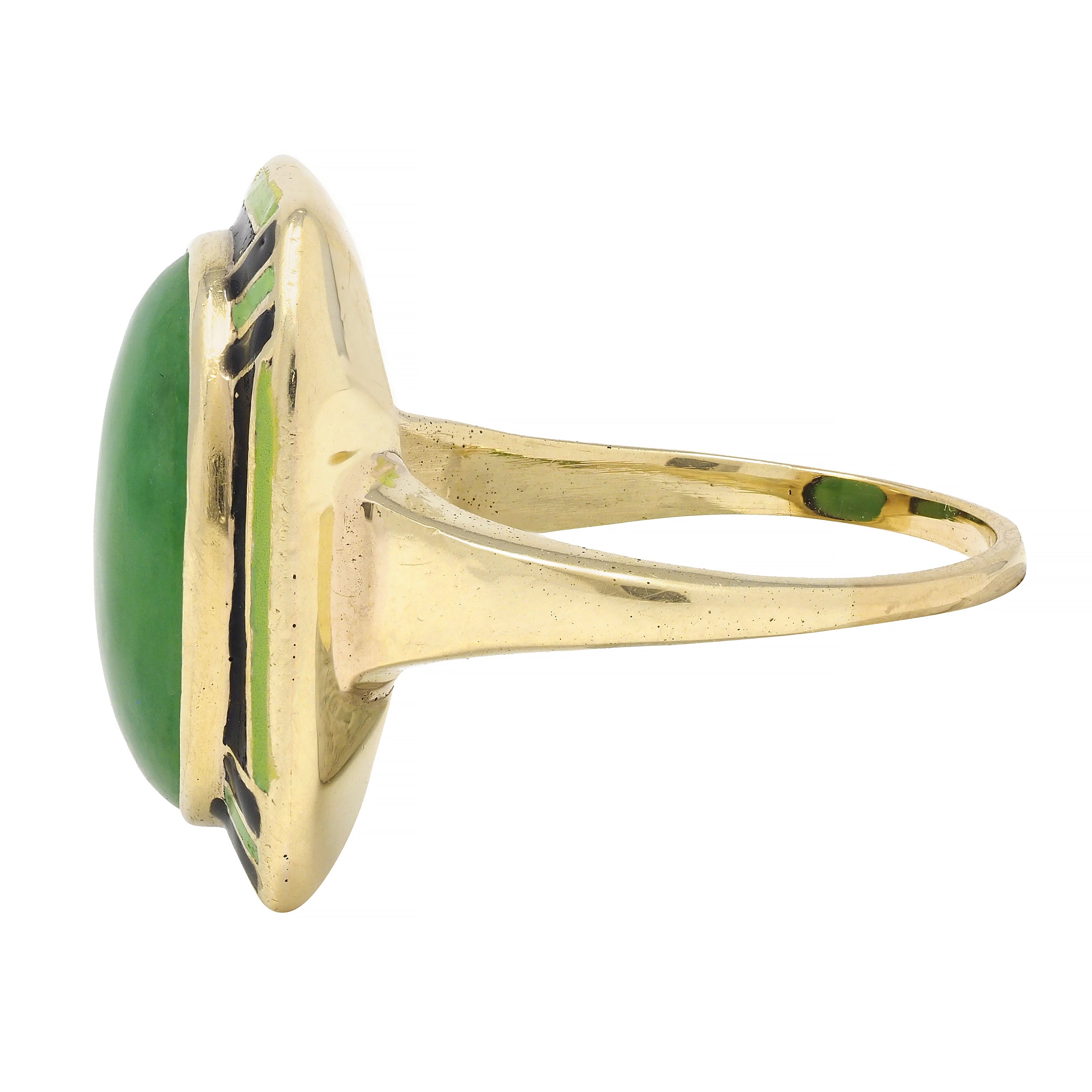 Art Deco Jade Cabochon Enamel 14 Karat Yellow Gold Dinner Ring