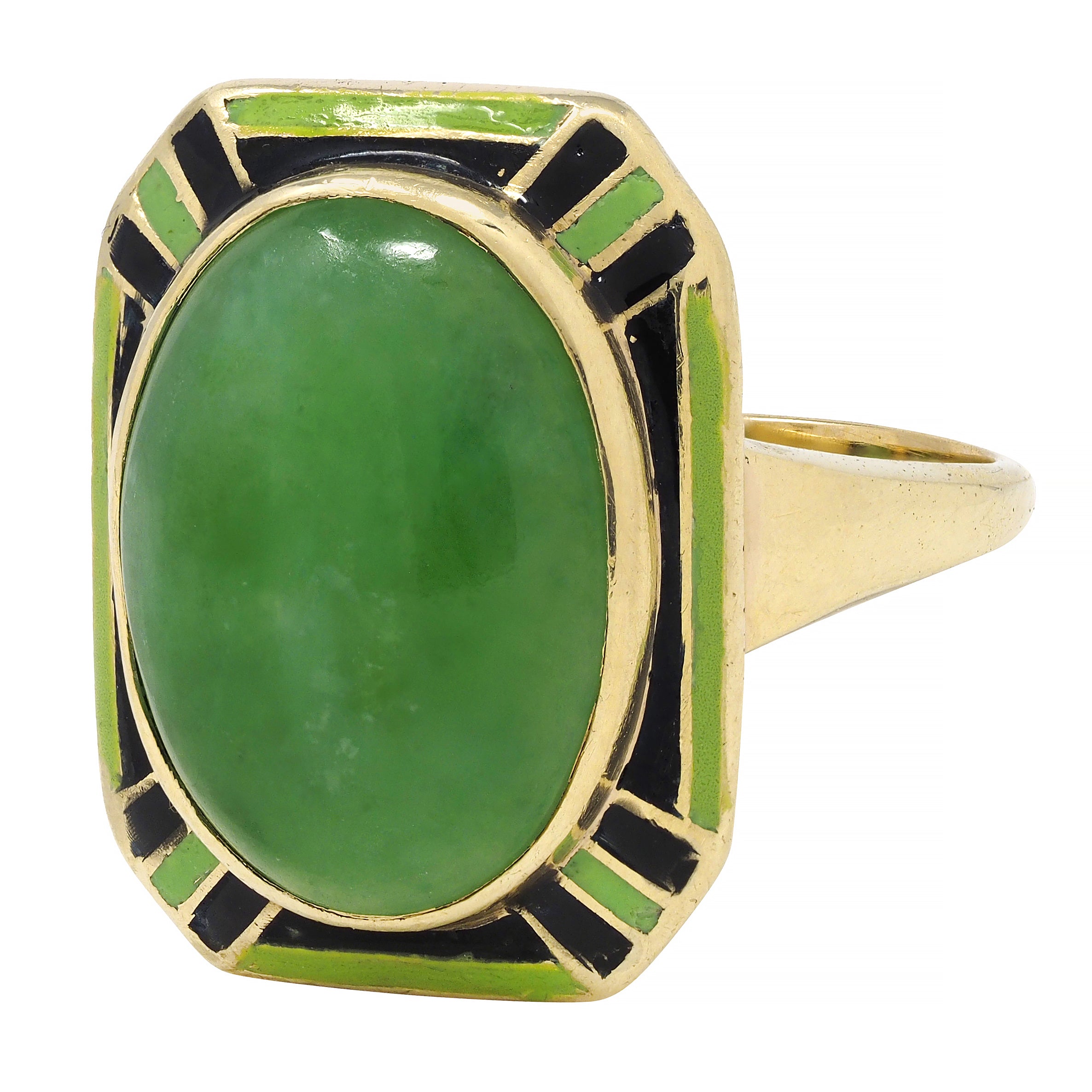 Art Deco Jade Cabochon Enamel 14 Karat Yellow Gold Dinner Ring