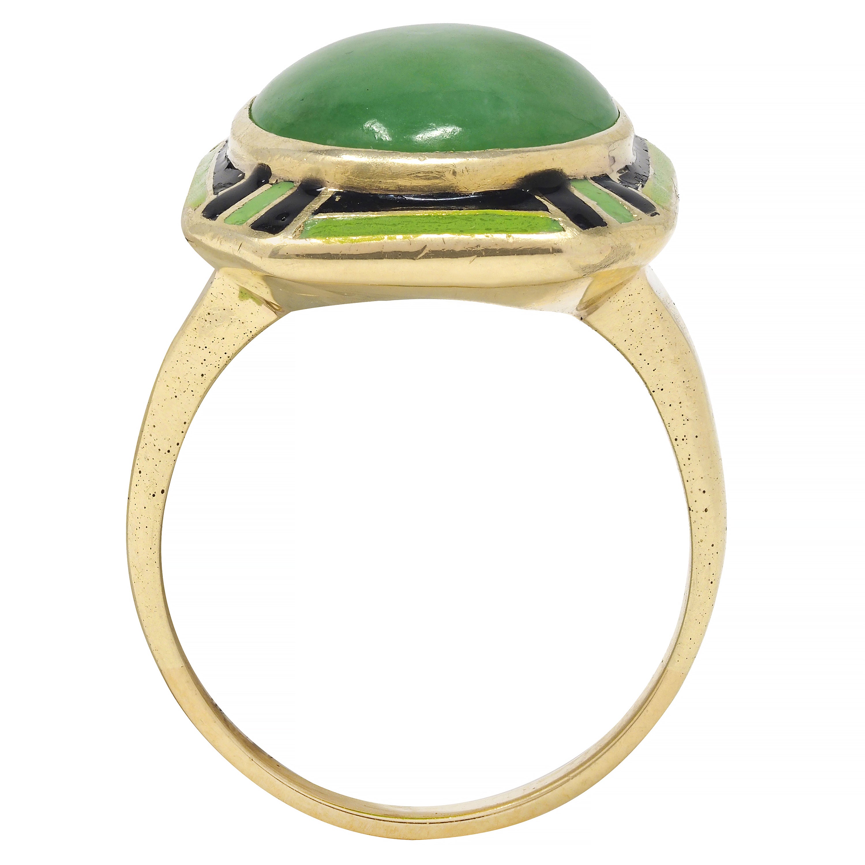 Art Deco Jade Cabochon Enamel 14 Karat Yellow Gold Dinner Ring