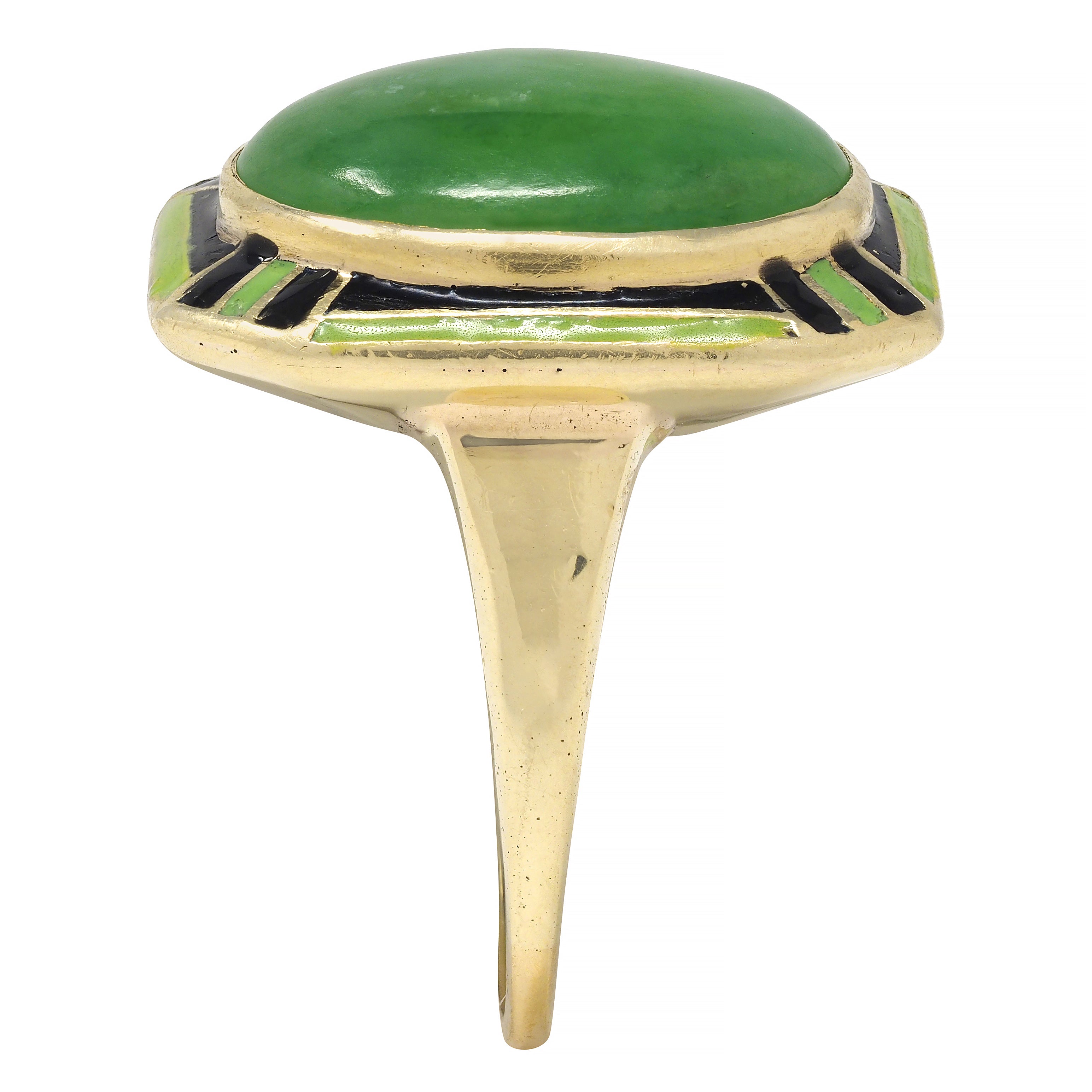 Art Deco Jade Cabochon Enamel 14 Karat Yellow Gold Dinner Ring