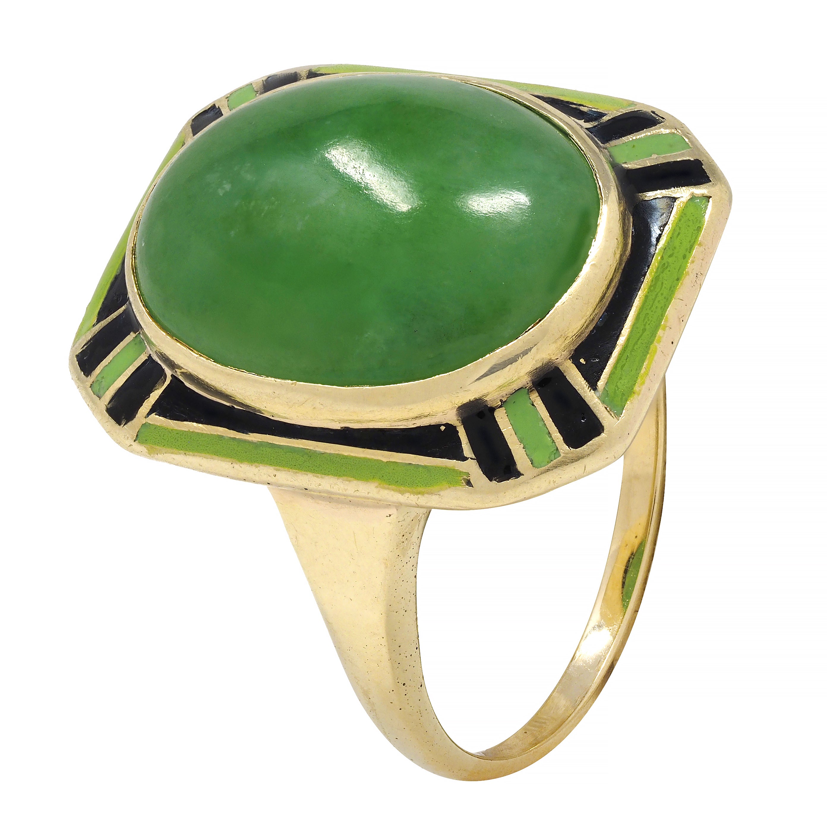 Art Deco Jade Cabochon Enamel 14 Karat Yellow Gold Dinner Ring