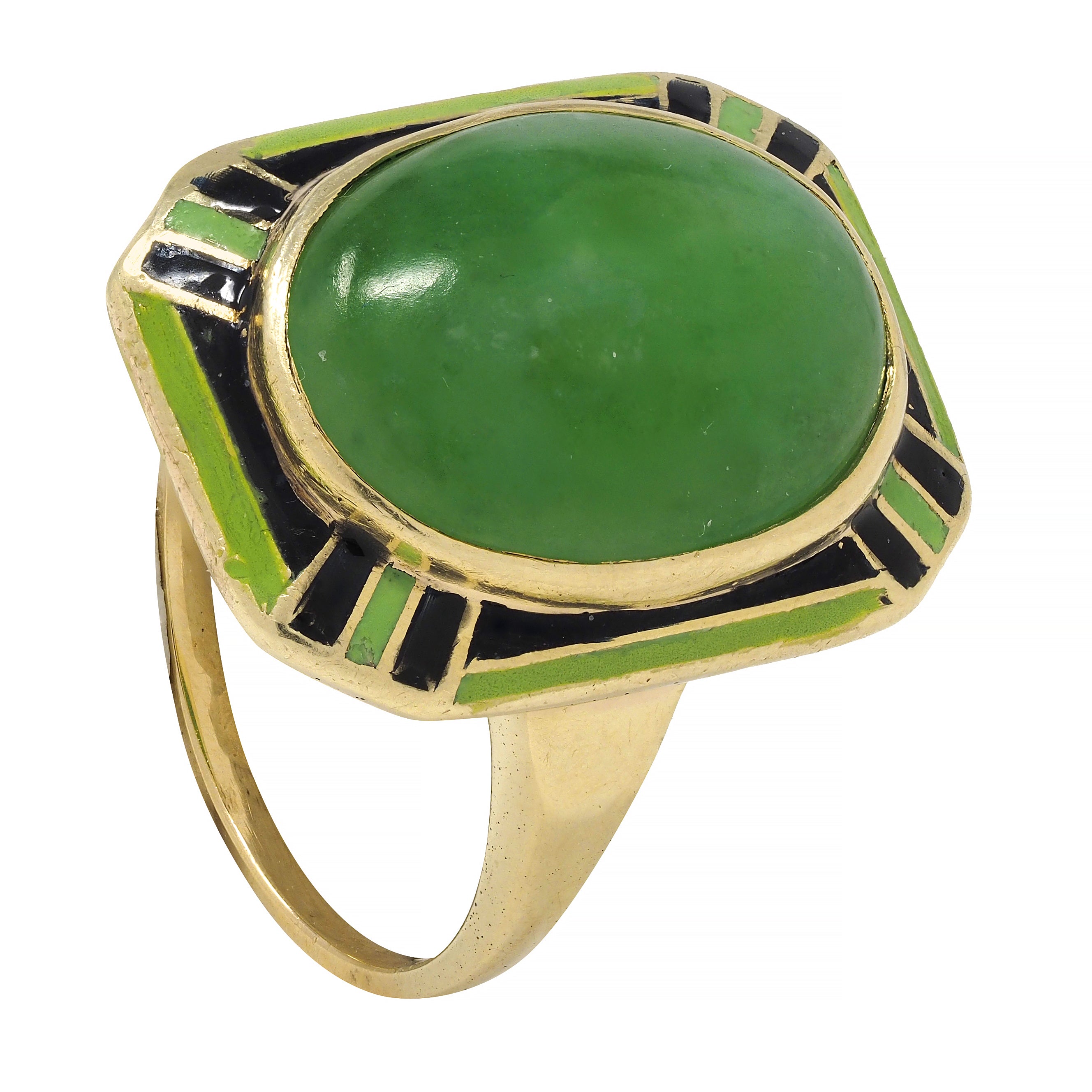 Art Deco Jade Cabochon Enamel 14 Karat Yellow Gold Dinner Ring