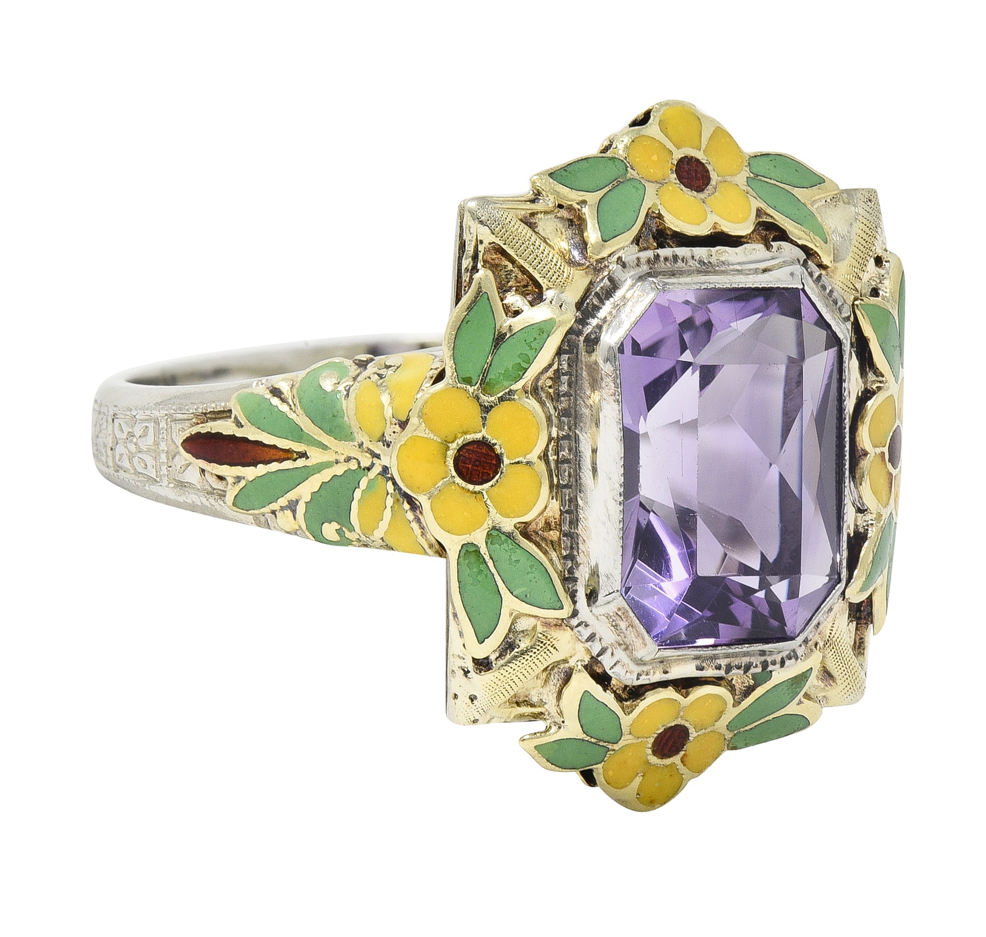 Art Deco Amethyst Enamel 14 Karat Two-Tone Gold Orange Blossom Vintage Ring