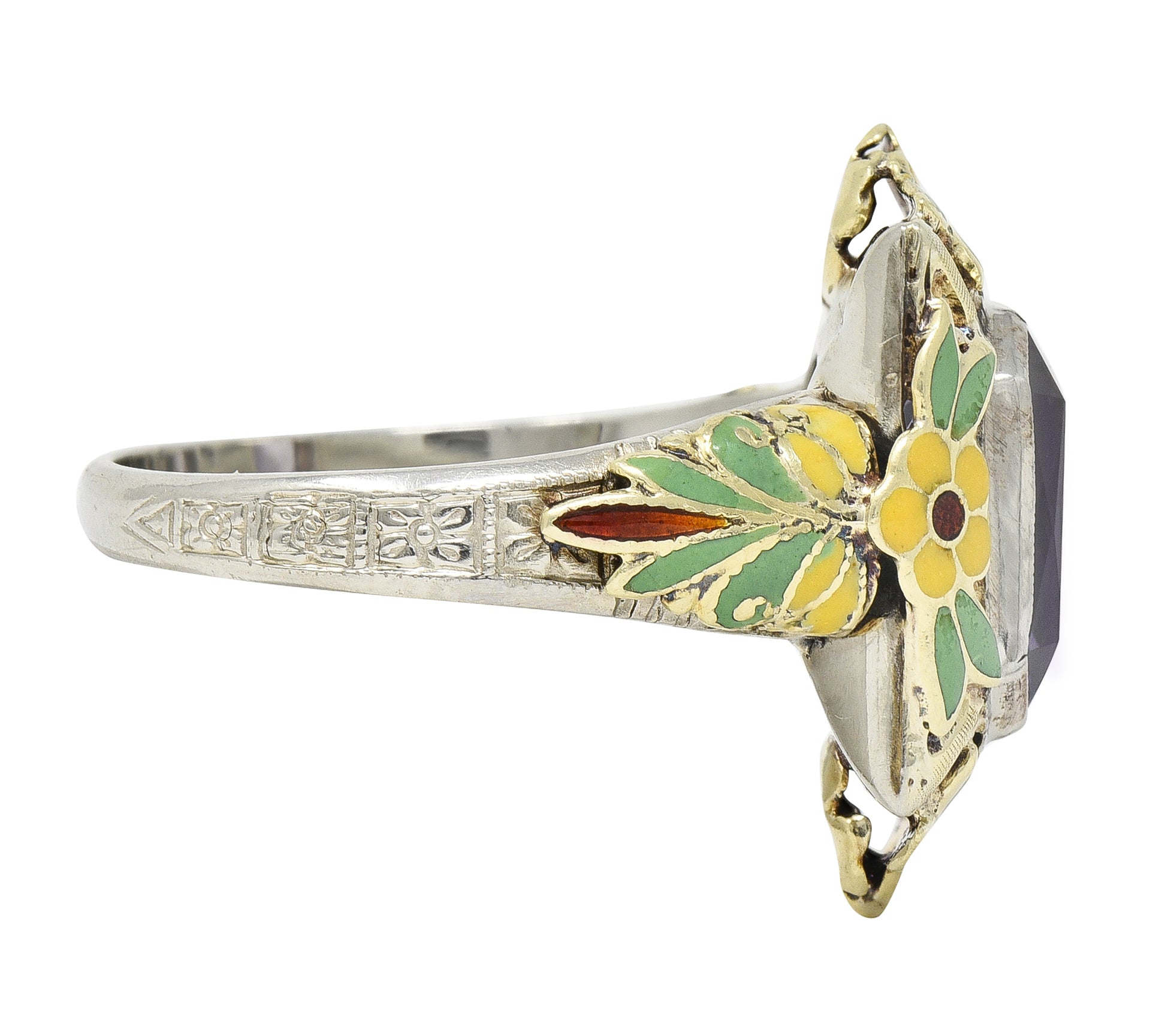 Art Deco Amethyst Enamel 14 Karat Two-Tone Gold Orange Blossom Vintage Ring