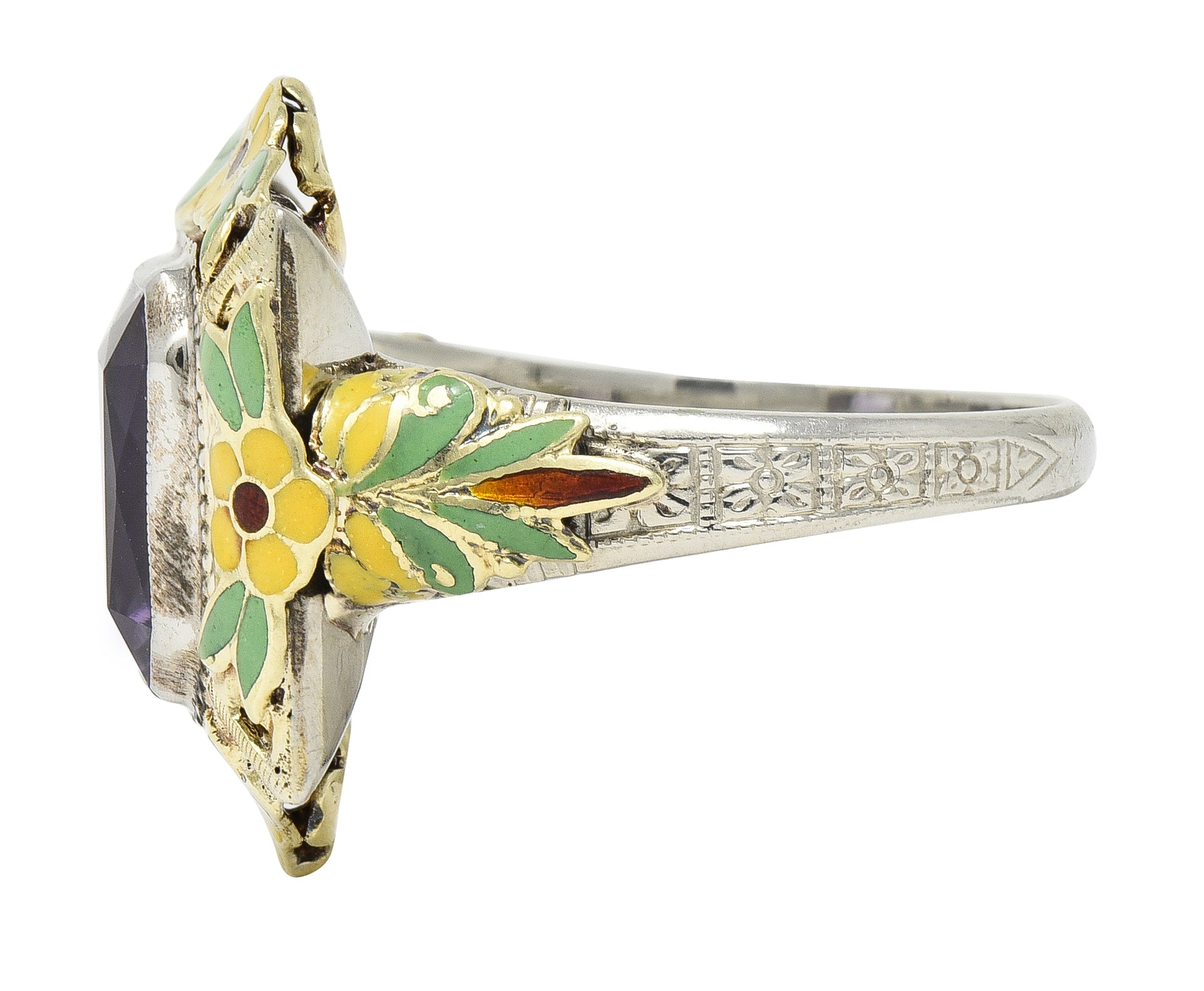 Art Deco Amethyst Enamel 14 Karat Two-Tone Gold Orange Blossom Vintage Ring