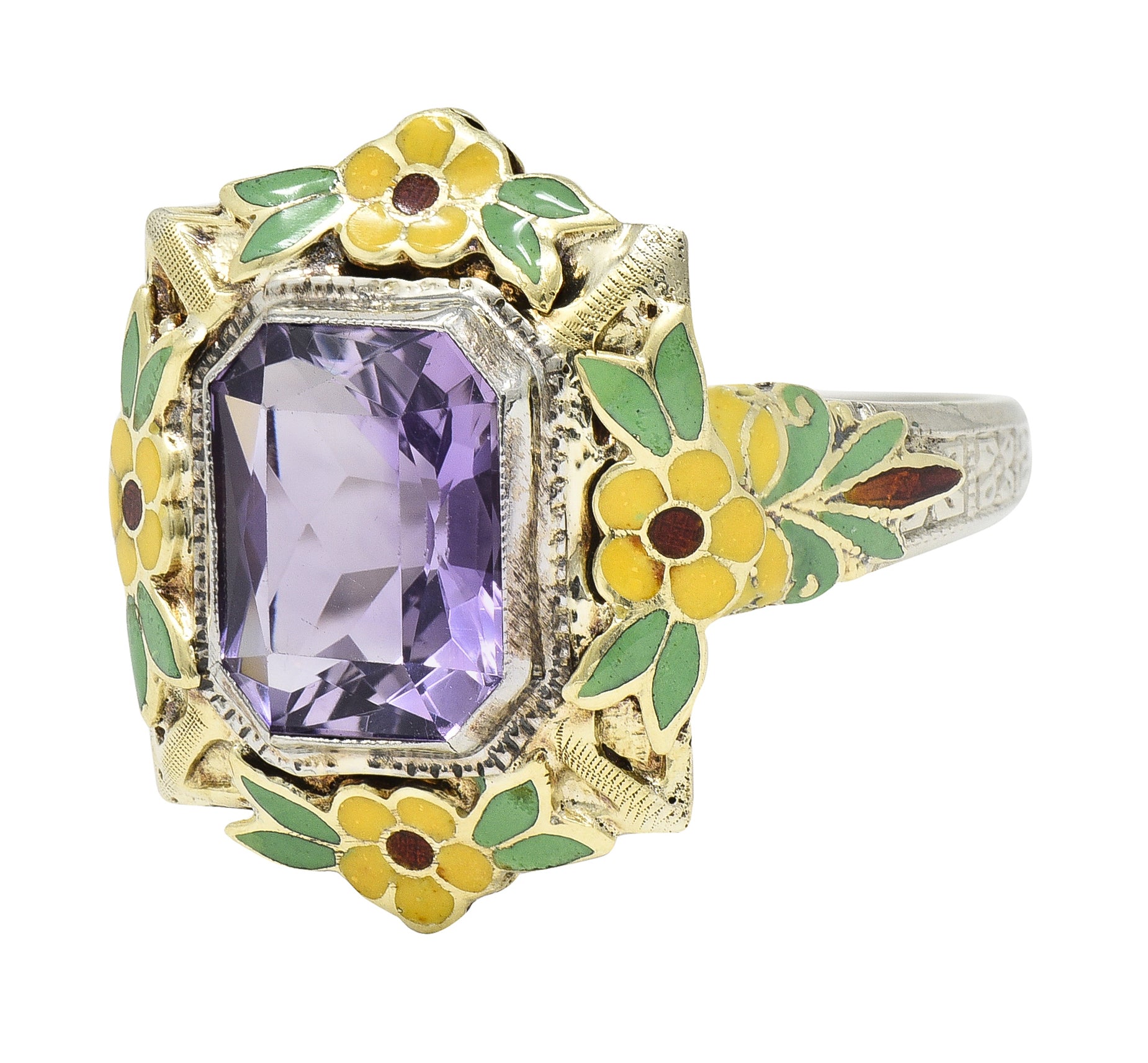 Art Deco Amethyst Enamel 14 Karat Two-Tone Gold Orange Blossom Vintage Ring