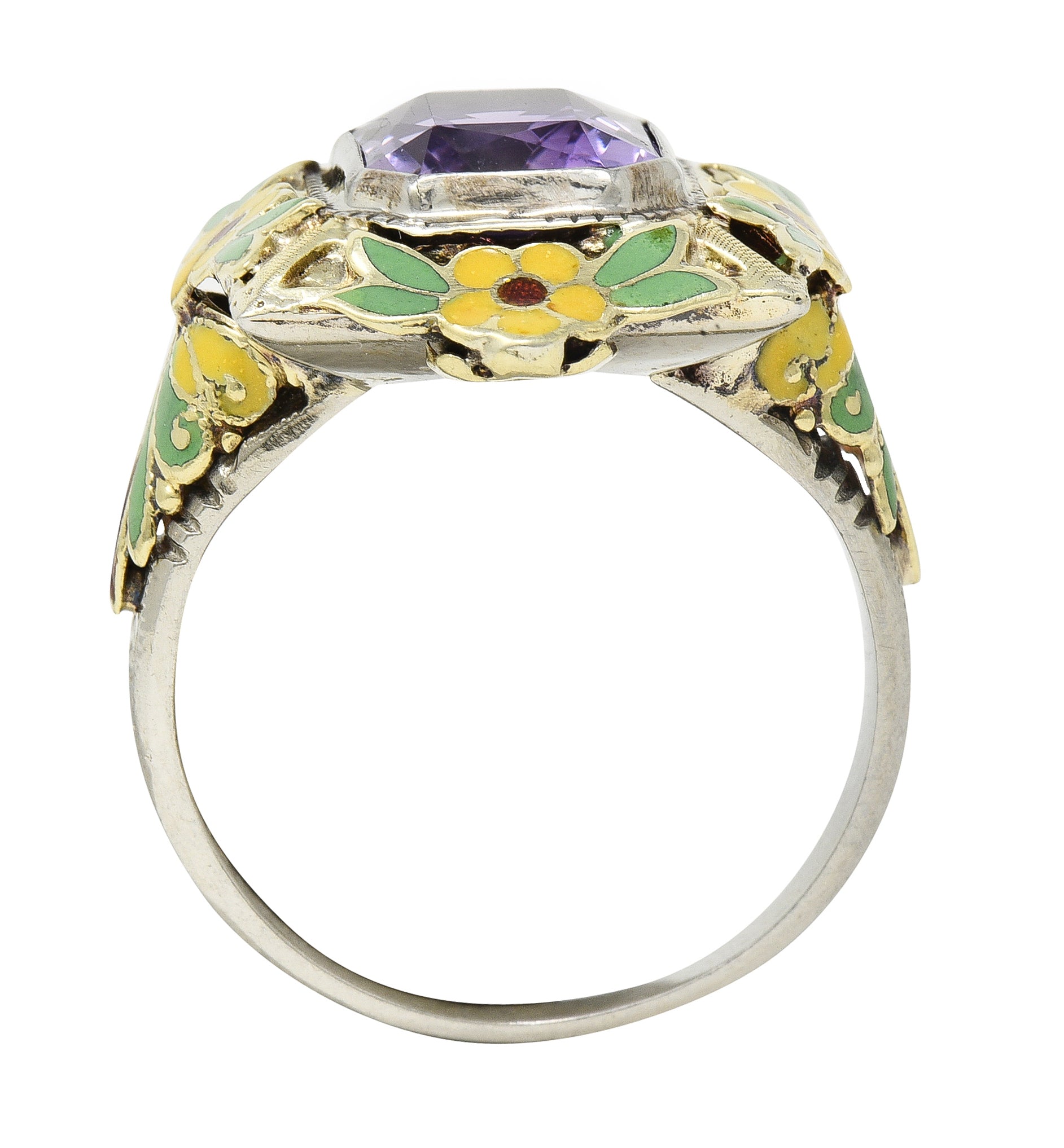 Art Deco Amethyst Enamel 14 Karat Two-Tone Gold Orange Blossom Vintage Ring