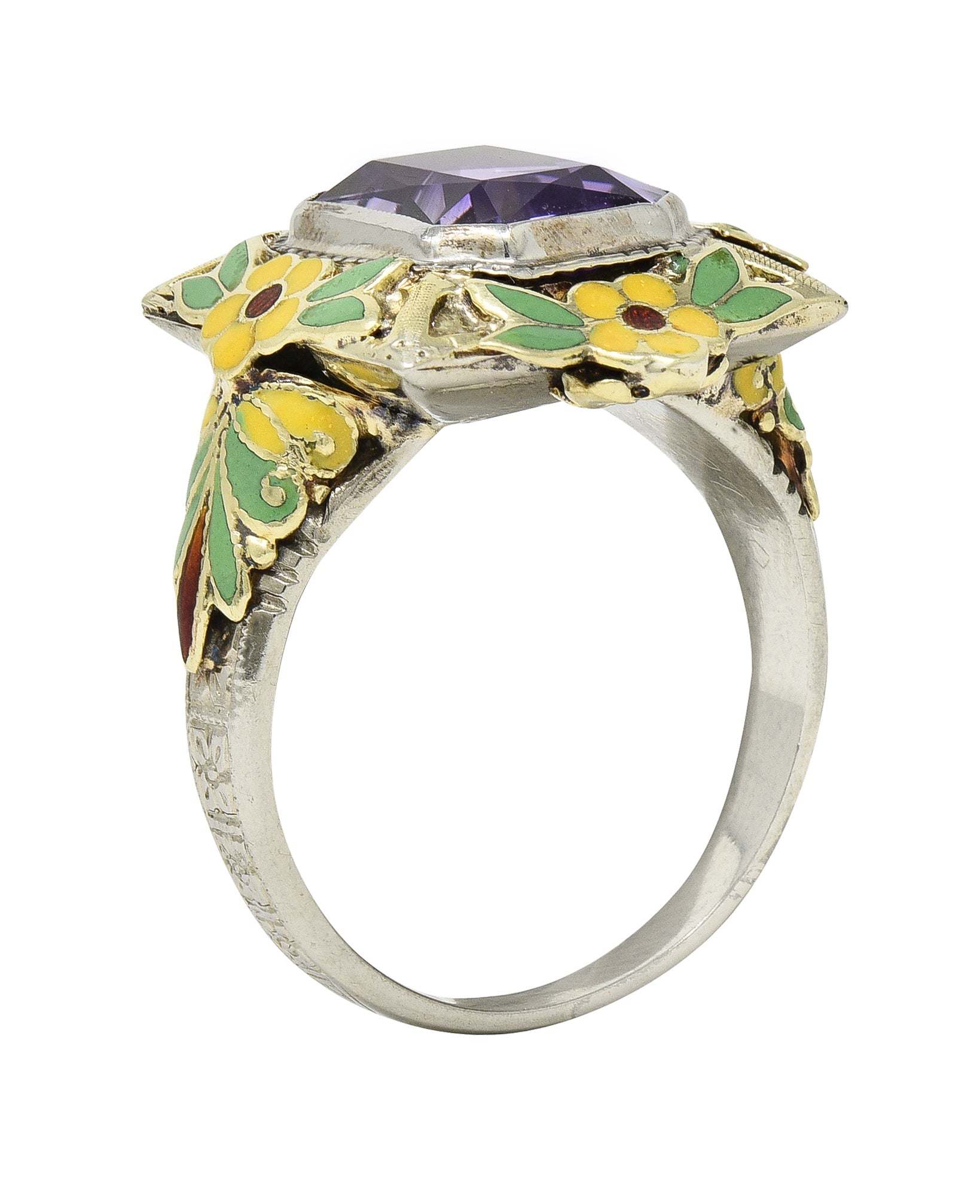 Art Deco Amethyst Enamel 14 Karat Two-Tone Gold Orange Blossom Vintage Ring