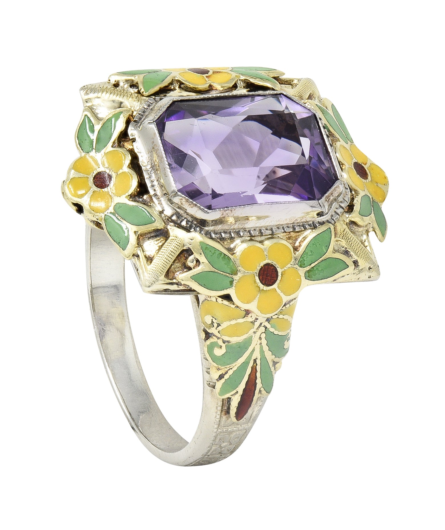 Art Deco Amethyst Enamel 14 Karat Two-Tone Gold Orange Blossom Vintage Ring