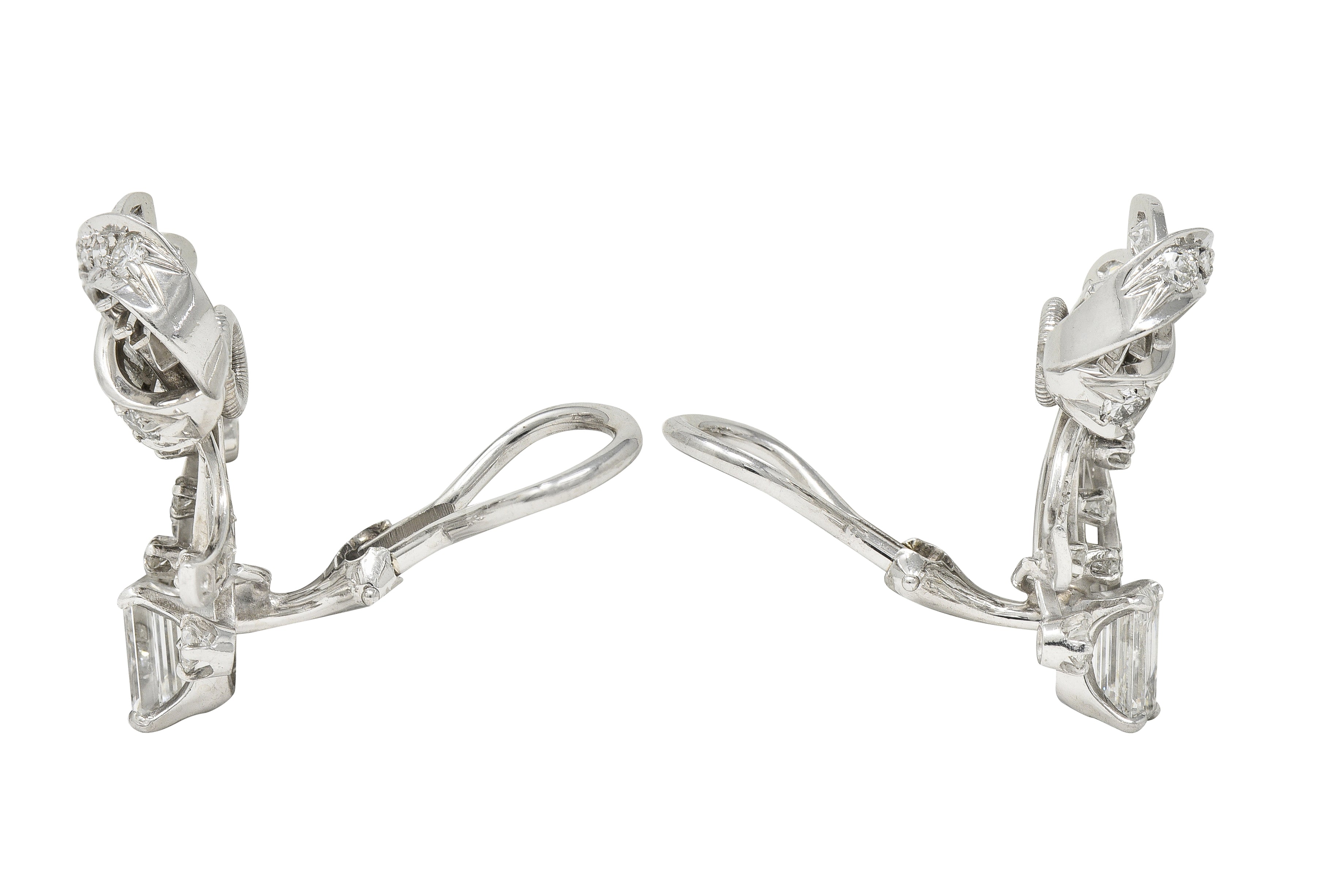 Mid-Century 2.18 CTW Diamond Platinum Ribbon Foliate Vintage Ear-Clip Earrings