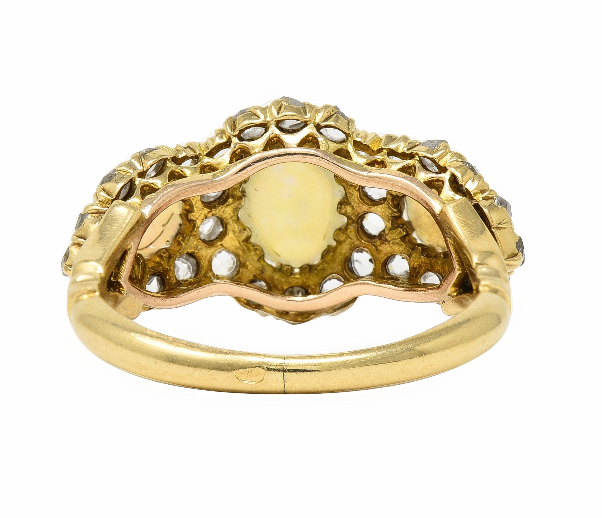 Victorian Opal Diamond 18 Karat Gold Three Stone Antique Halo Cluster Ring