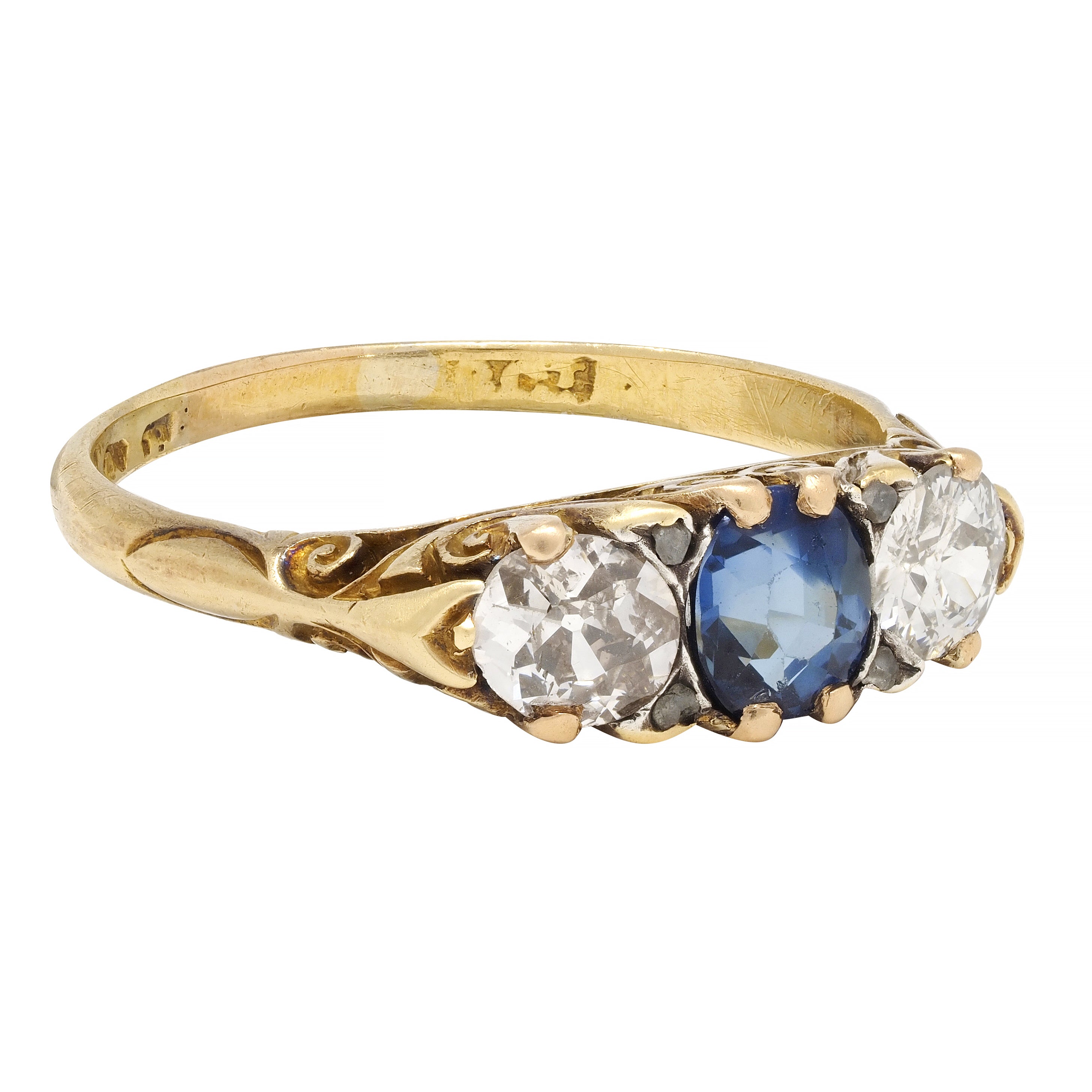 Victorian 3.70 CTW Sapphire Diamond 18 Karat Gold Antique Three Stone Ring