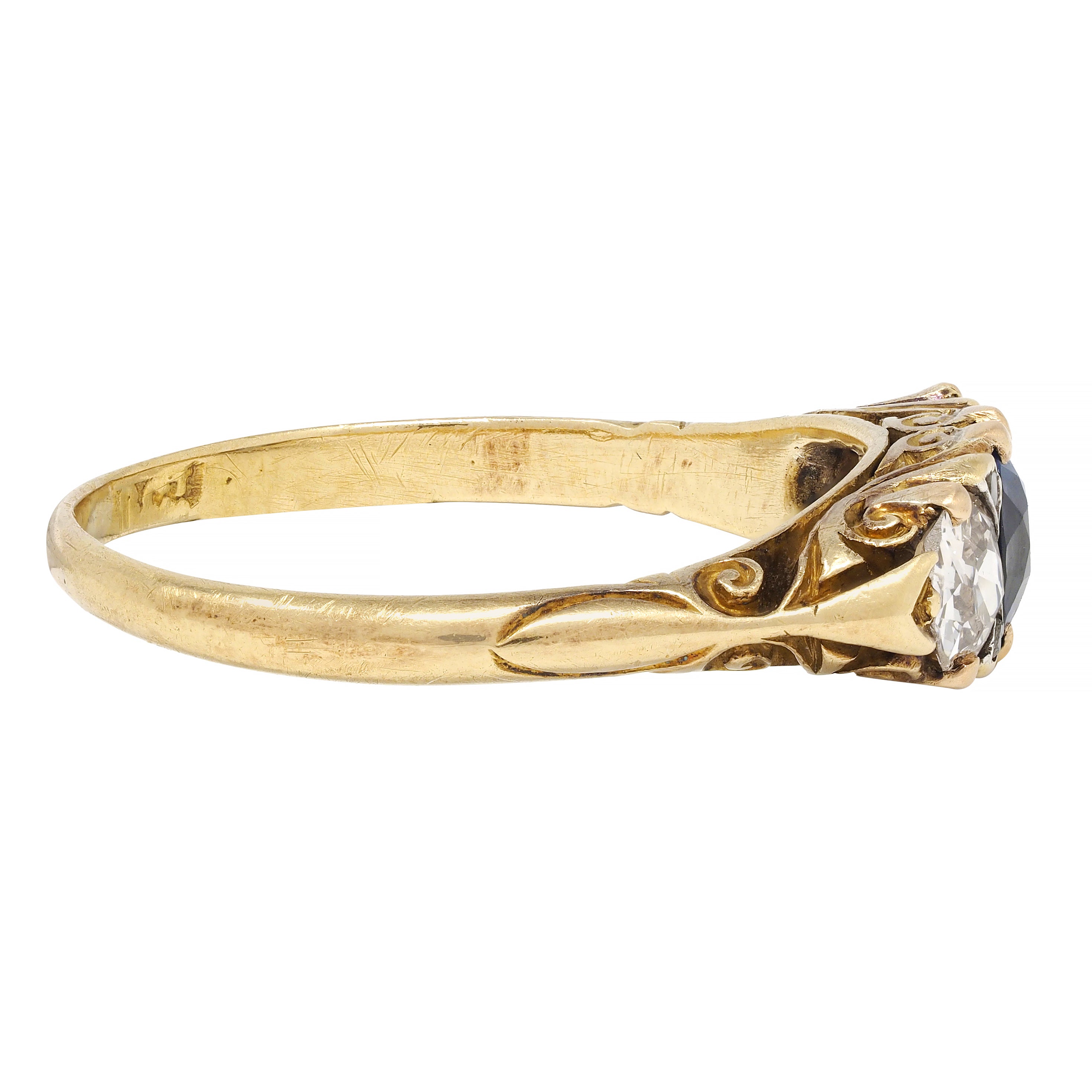 Victorian 3.70 CTW Sapphire Diamond 18 Karat Gold Antique Three Stone Ring