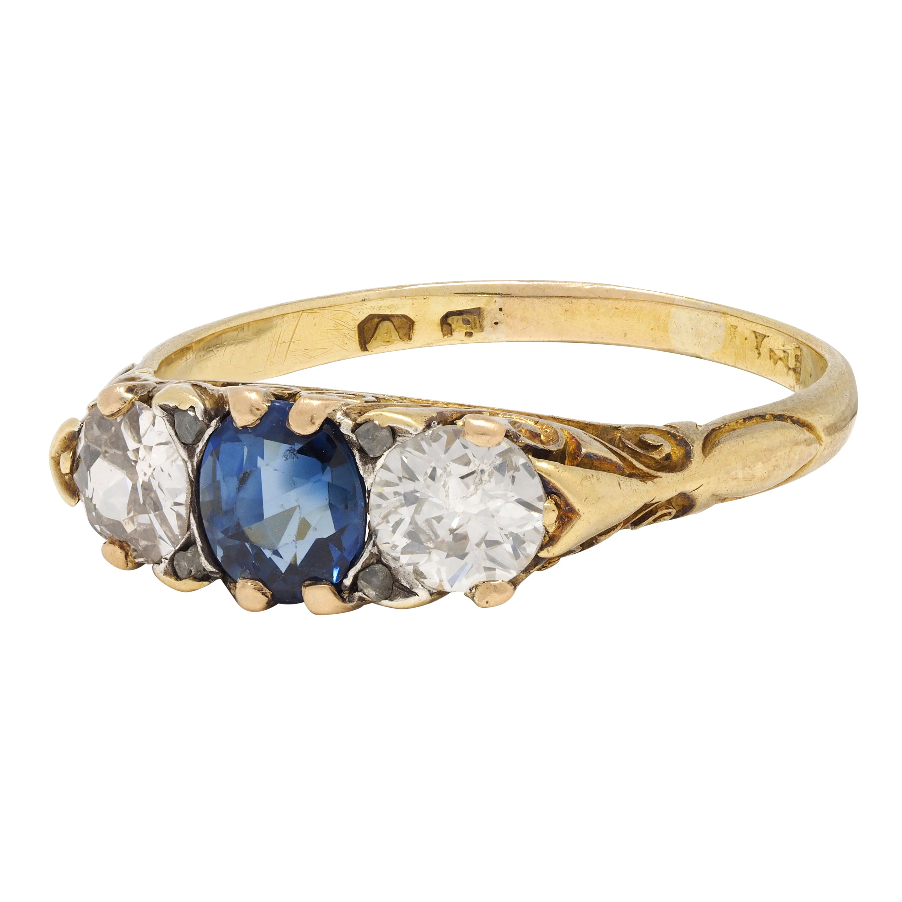 Victorian 3.70 CTW Sapphire Diamond 18 Karat Gold Antique Three Stone Ring