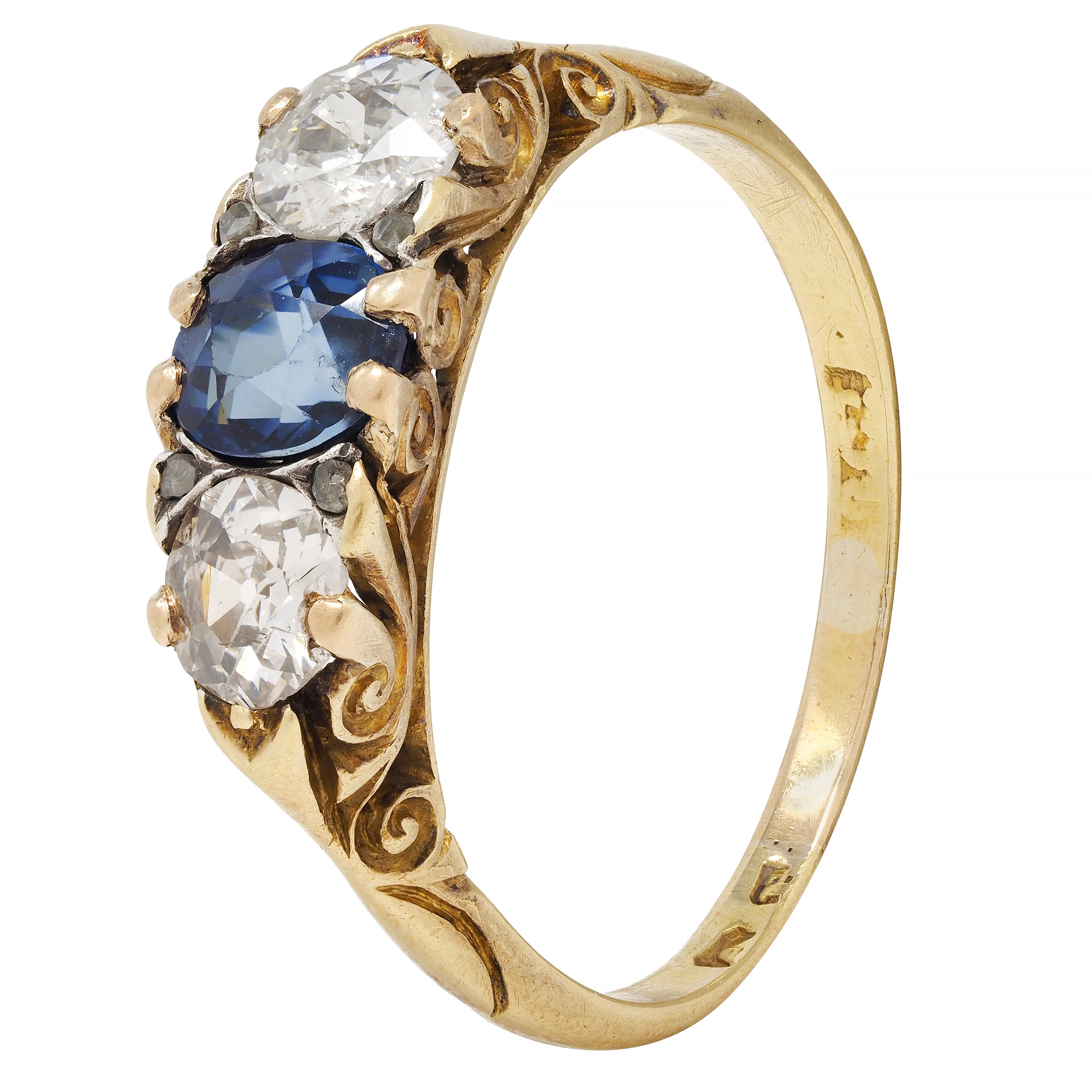 Victorian 3.70 CTW Sapphire Diamond 18 Karat Gold Antique Three Stone Ring