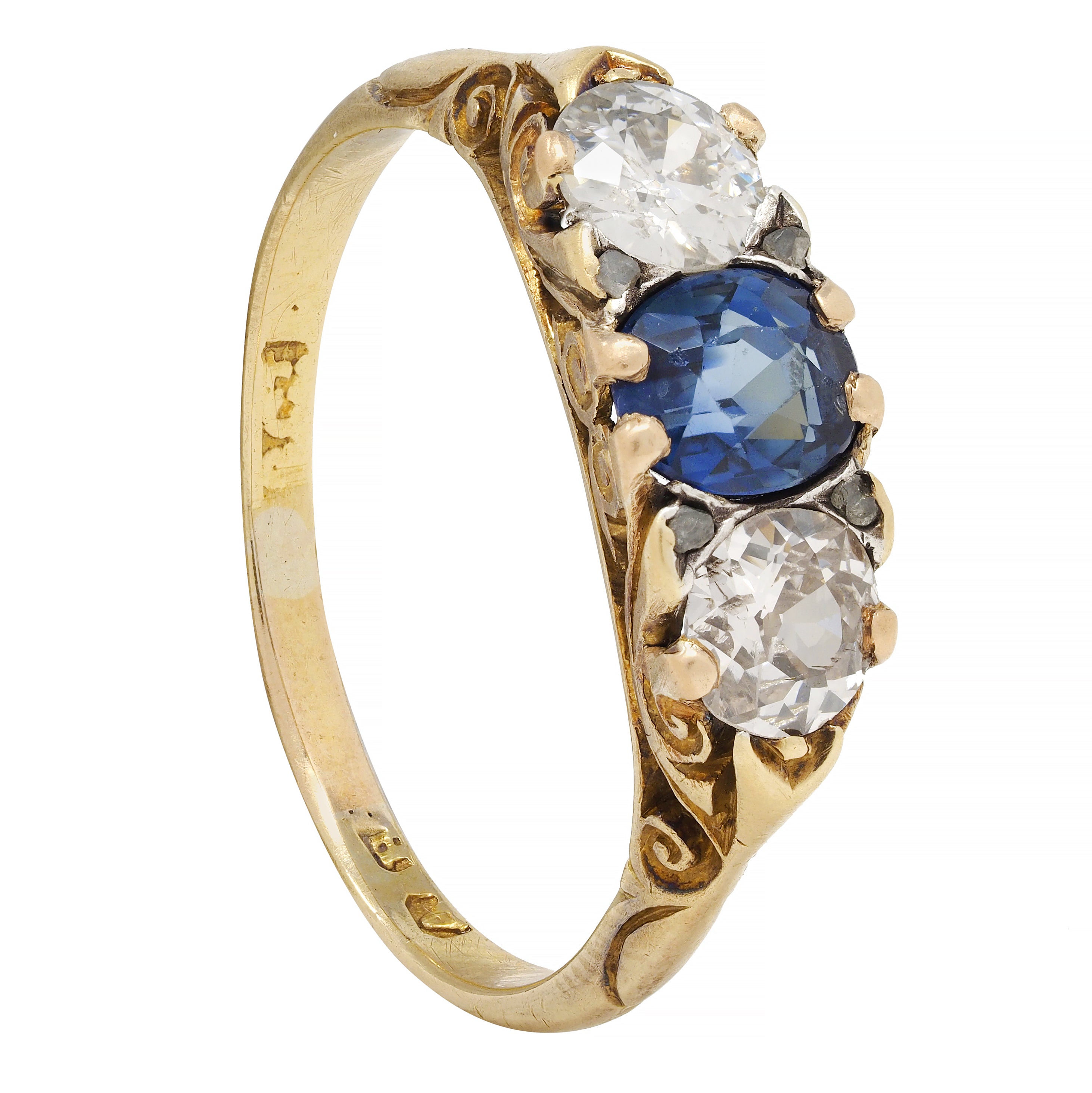 Victorian 3.70 CTW Sapphire Diamond 18 Karat Gold Antique Three Stone Ring