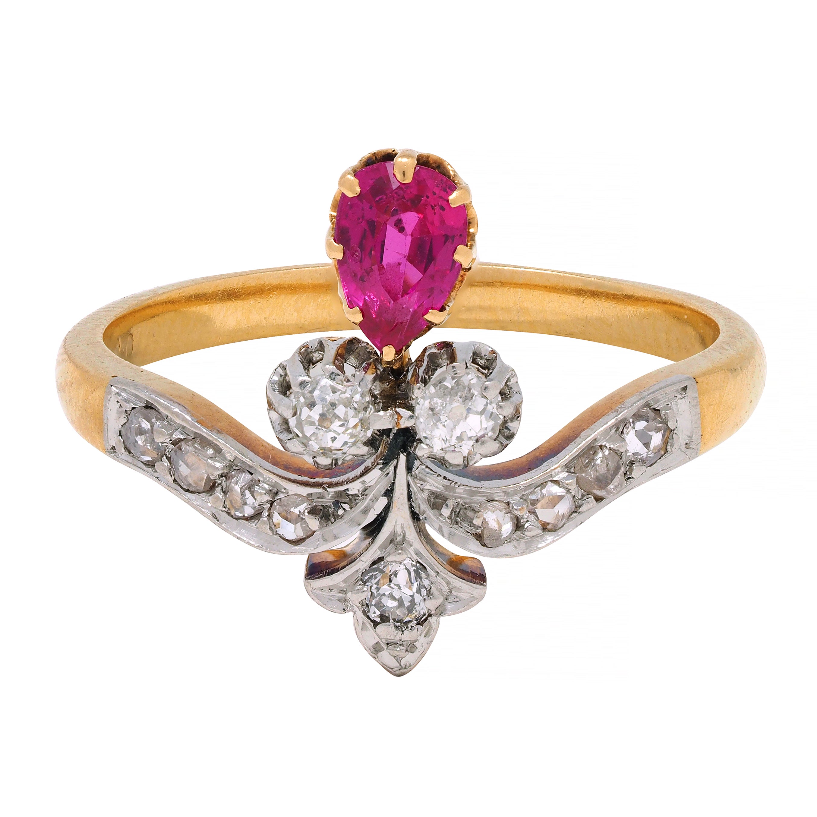 French Victorian 0.65 Ruby Diamond Platinum 18 Karat Gold Fleur-De-Lis Ring