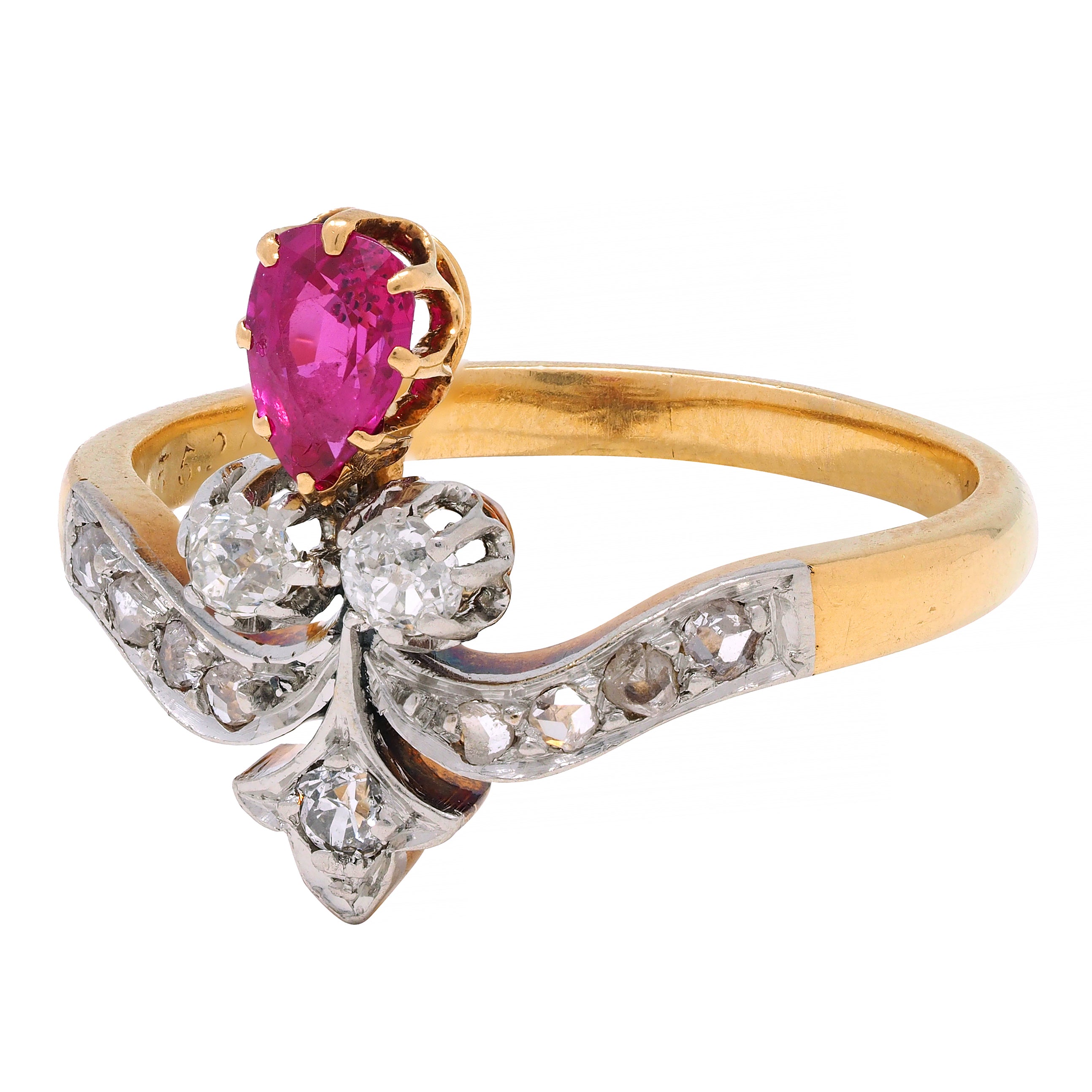 French Victorian 0.65 Ruby Diamond Platinum 18 Karat Gold Fleur-De-Lis Ring