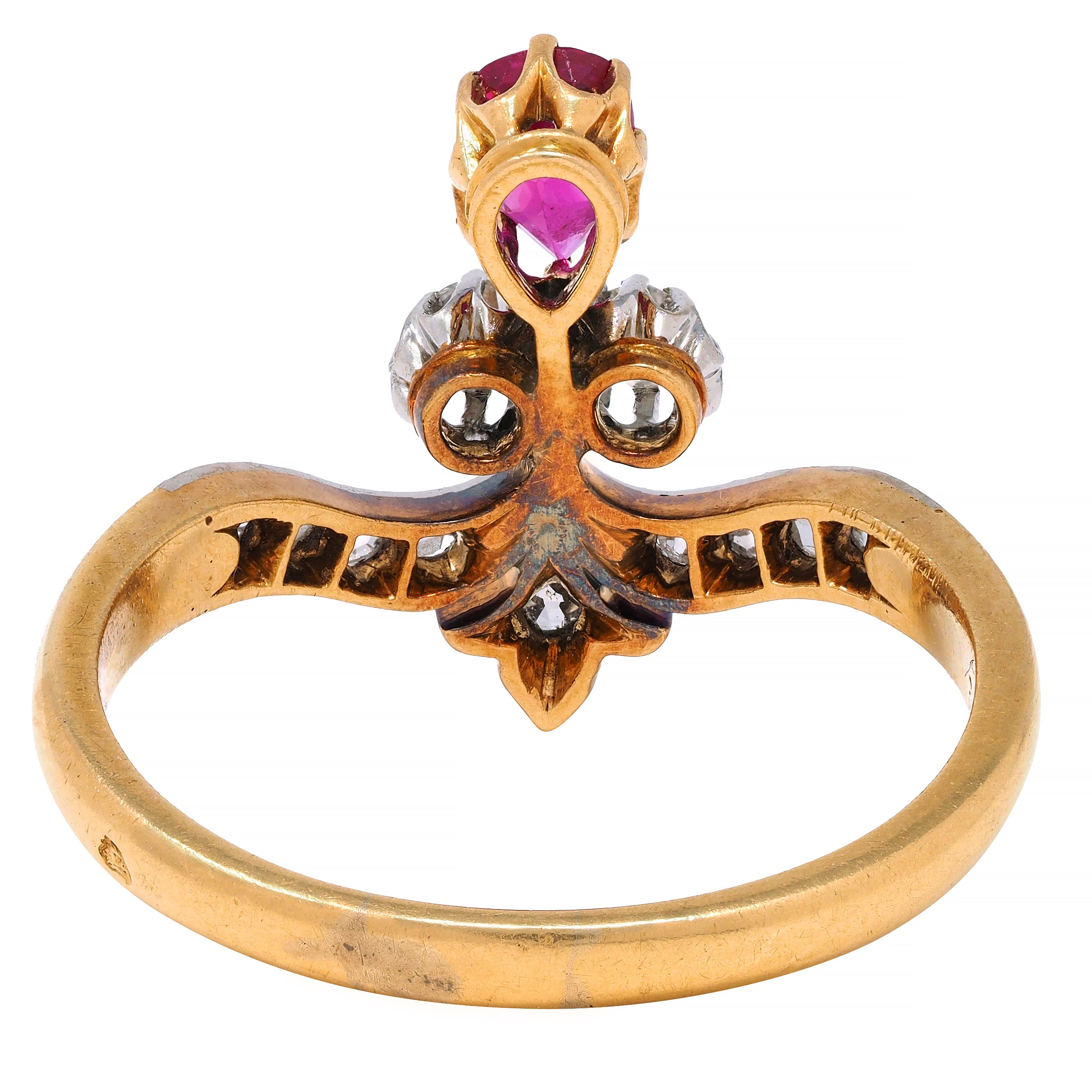 French Victorian 0.65 Ruby Diamond Platinum 18 Karat Gold Fleur-De-Lis Ring