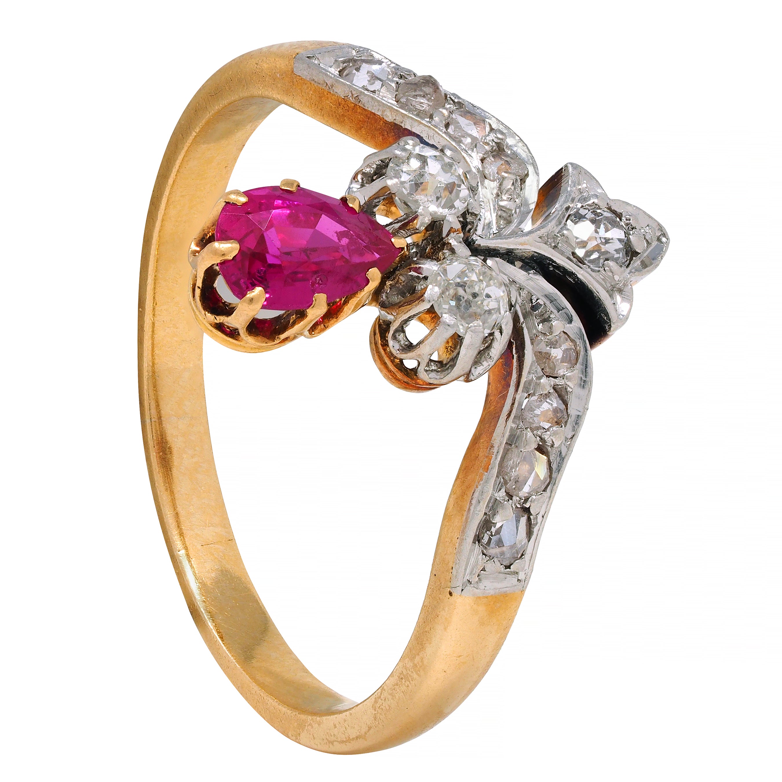 French Victorian 0.65 Ruby Diamond Platinum 18 Karat Gold Fleur-De-Lis Ring