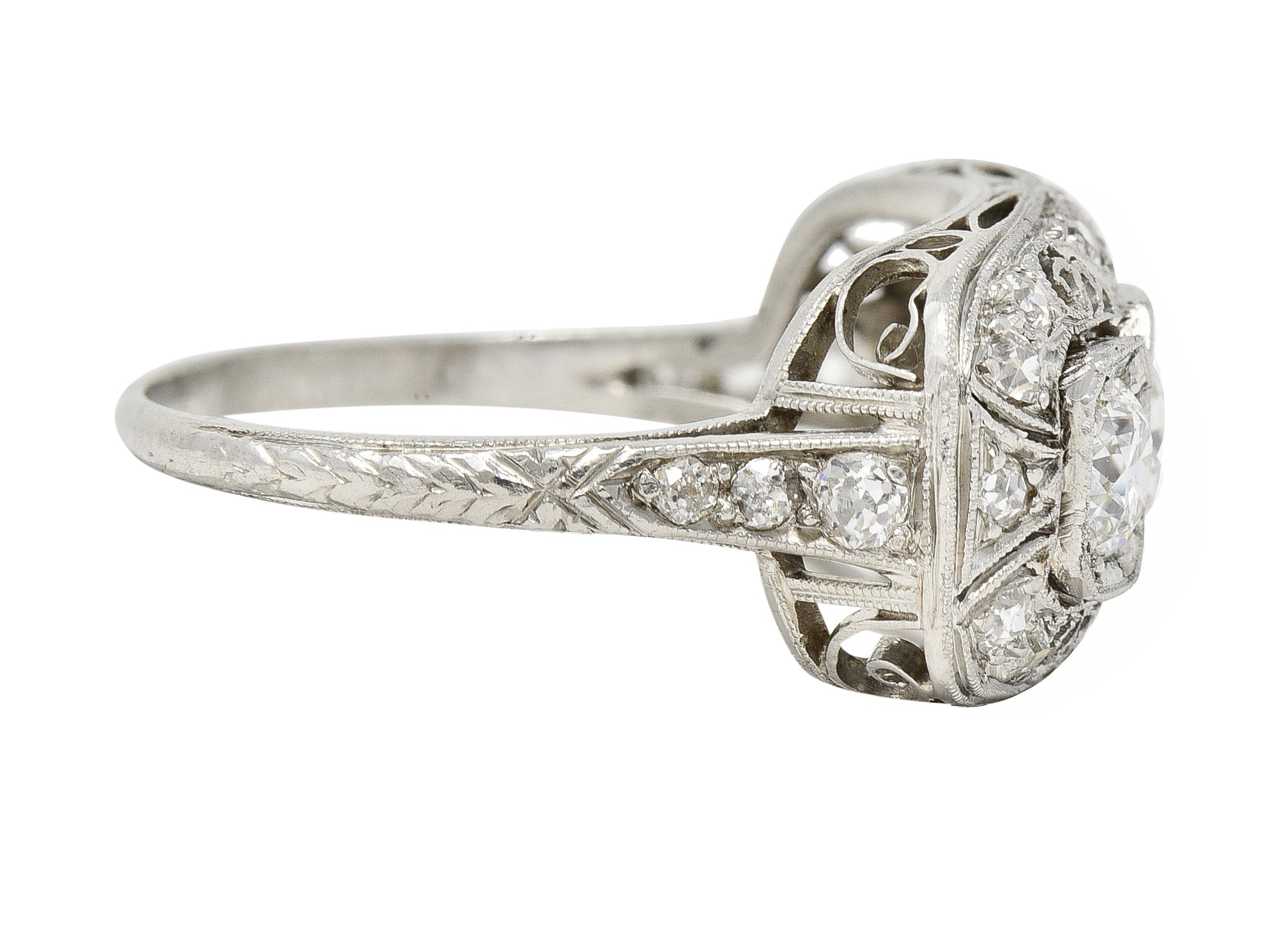 Art Deco 1.32 CTW Diamond Platinum Filigree Vintage Three Stone Ring