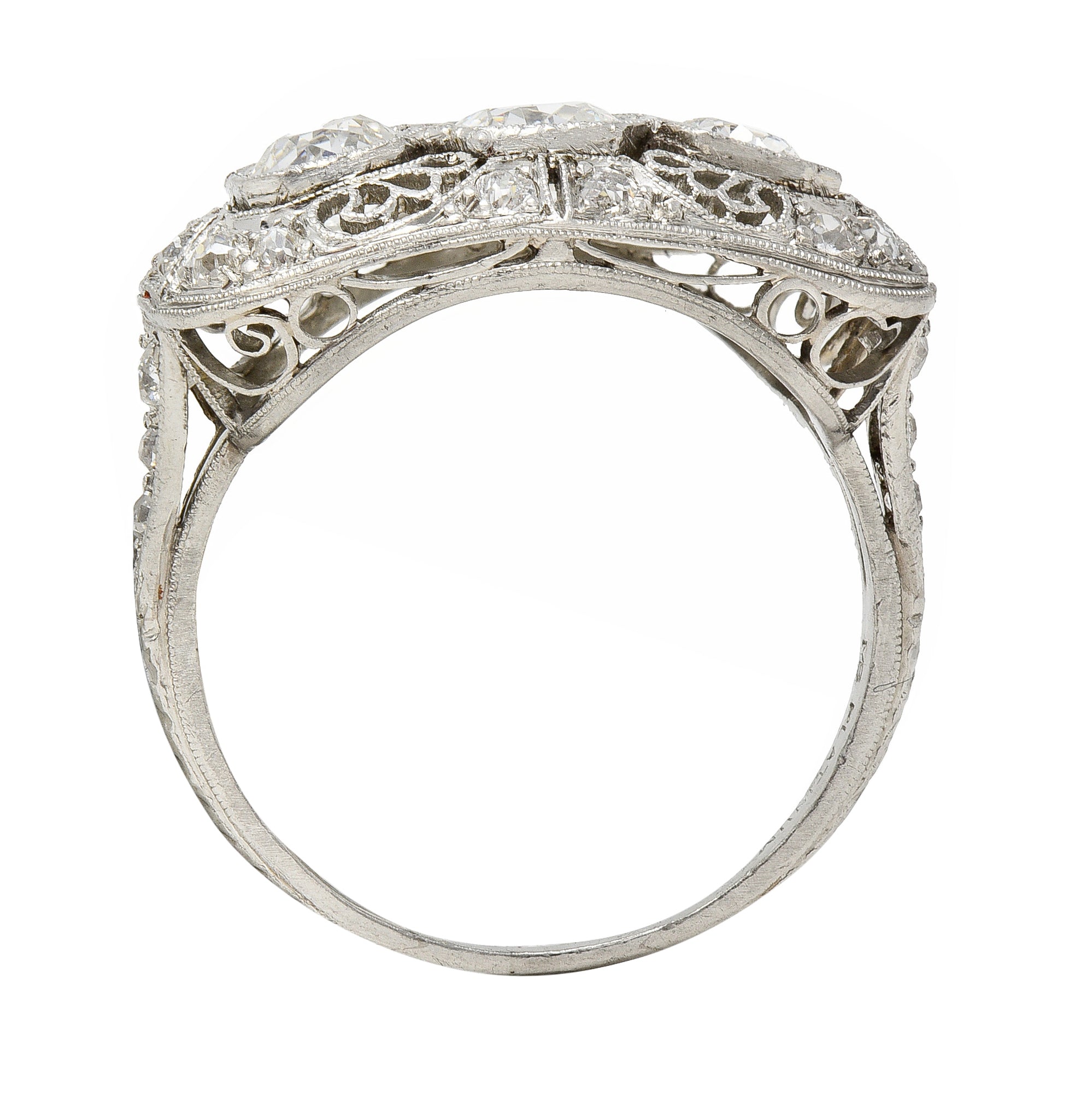 Art Deco 1.32 CTW Diamond Platinum Filigree Vintage Three Stone Ring