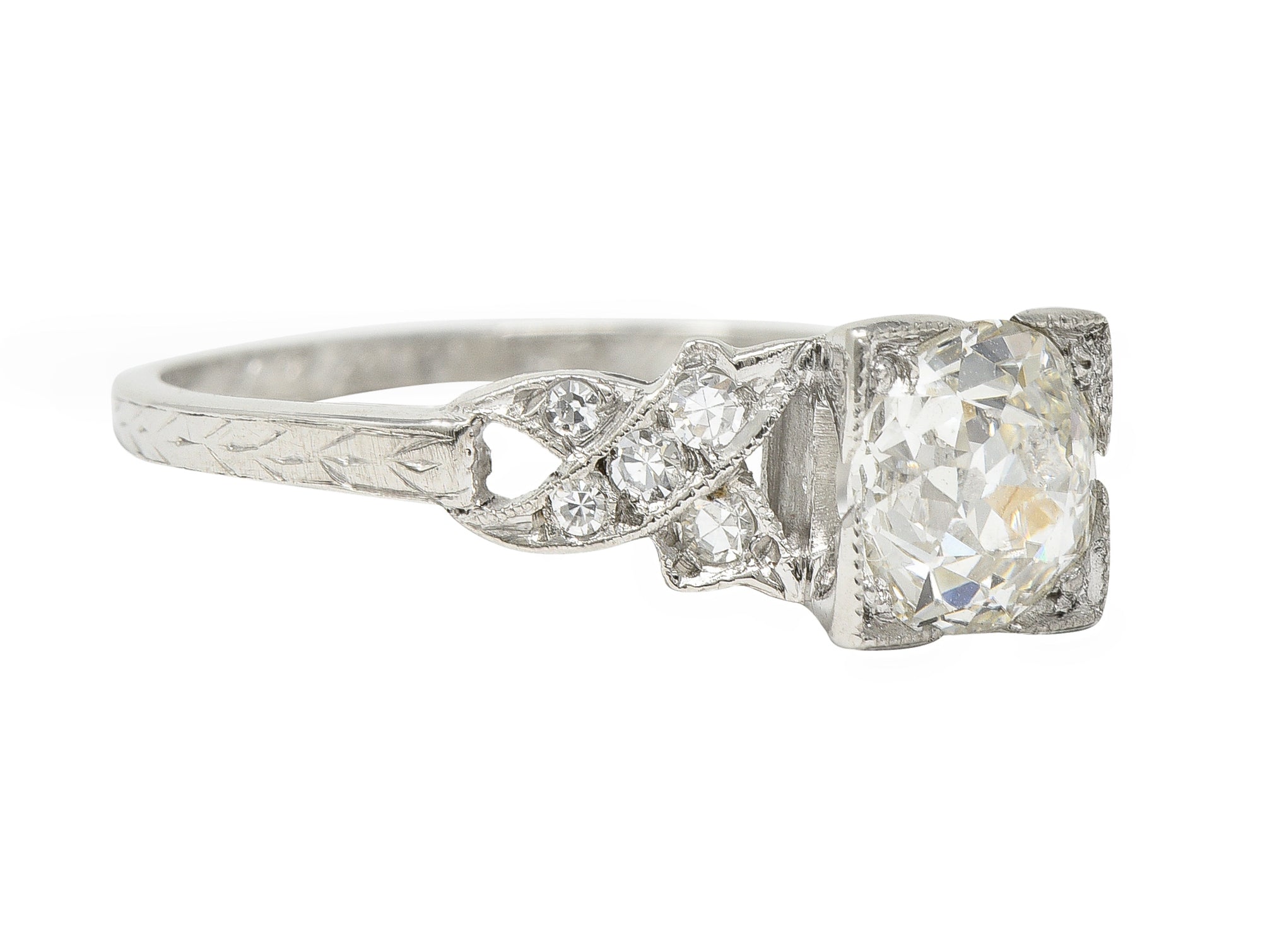 Art Deco 1.37 CTW European Diamond Platinum Ribbon Vintage Engagement Ring GIA