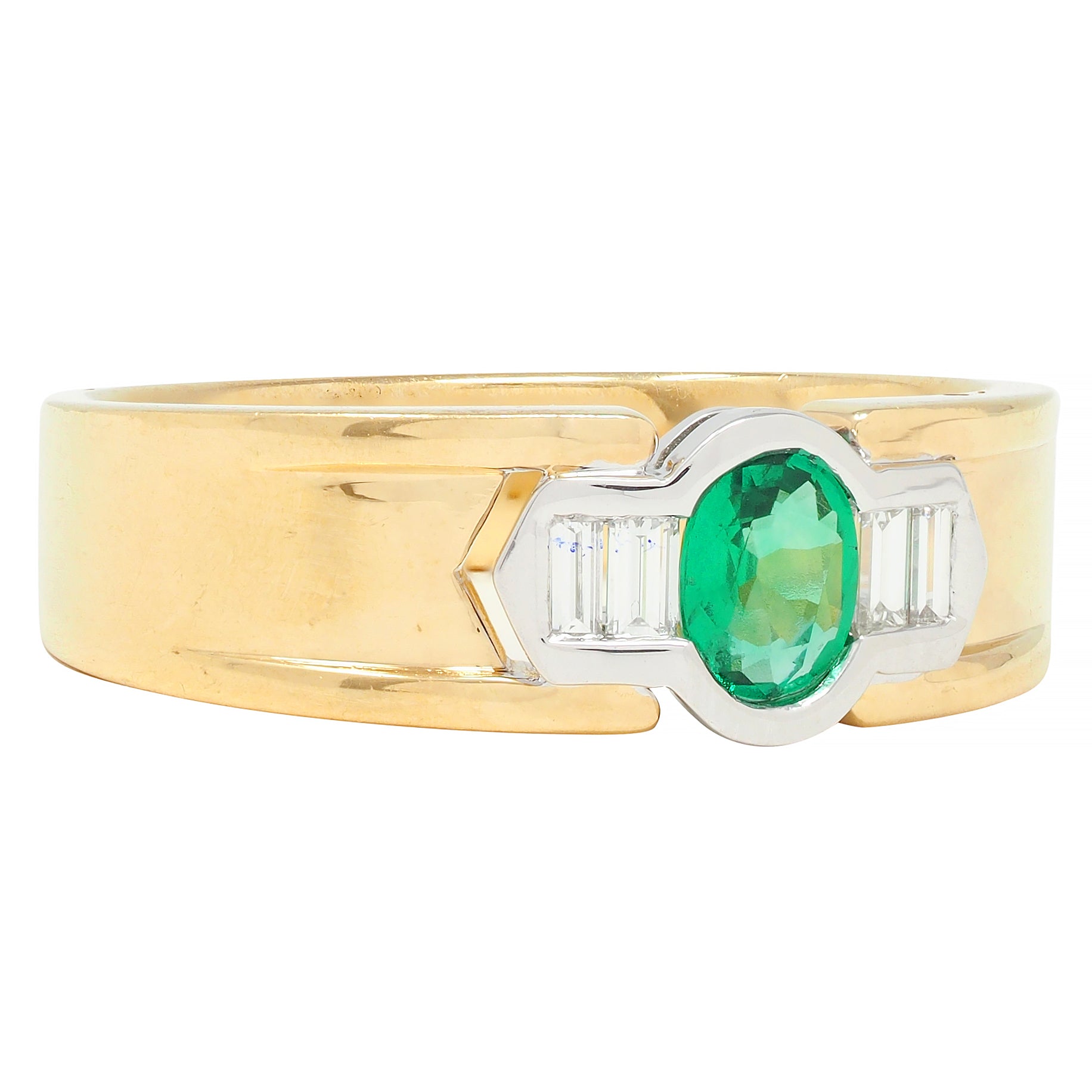 1960s 0.76 Emerald Diamond 18 Karat Two-Tone Gold Chevron Vintage Ring