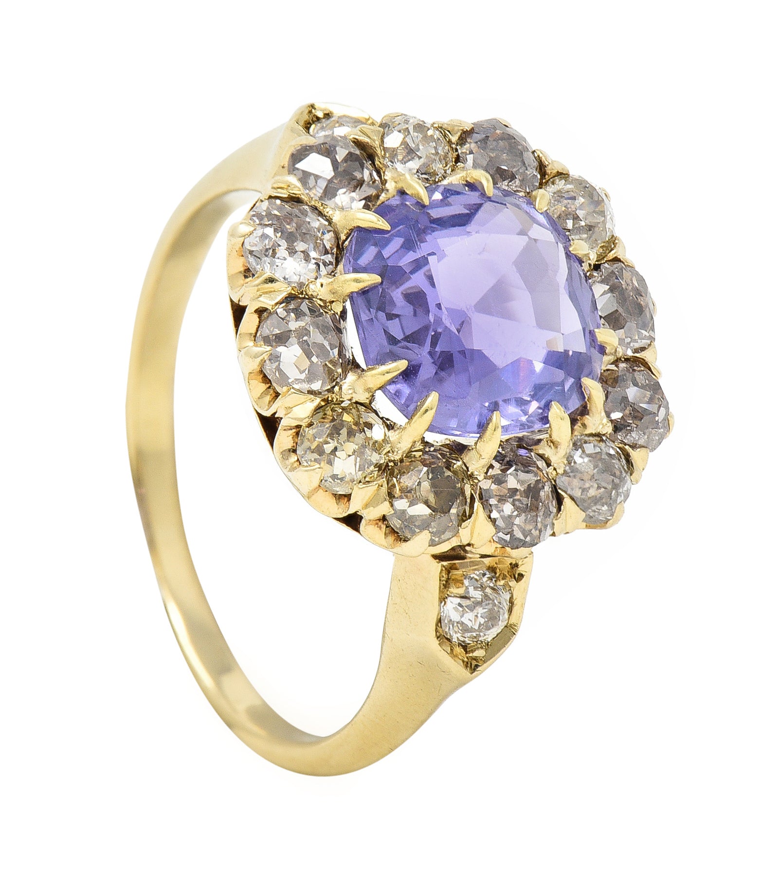 Victorian 3.56 CTW No Heat Purple Sapphire Diamond 18 Karat Gold Ring GIA